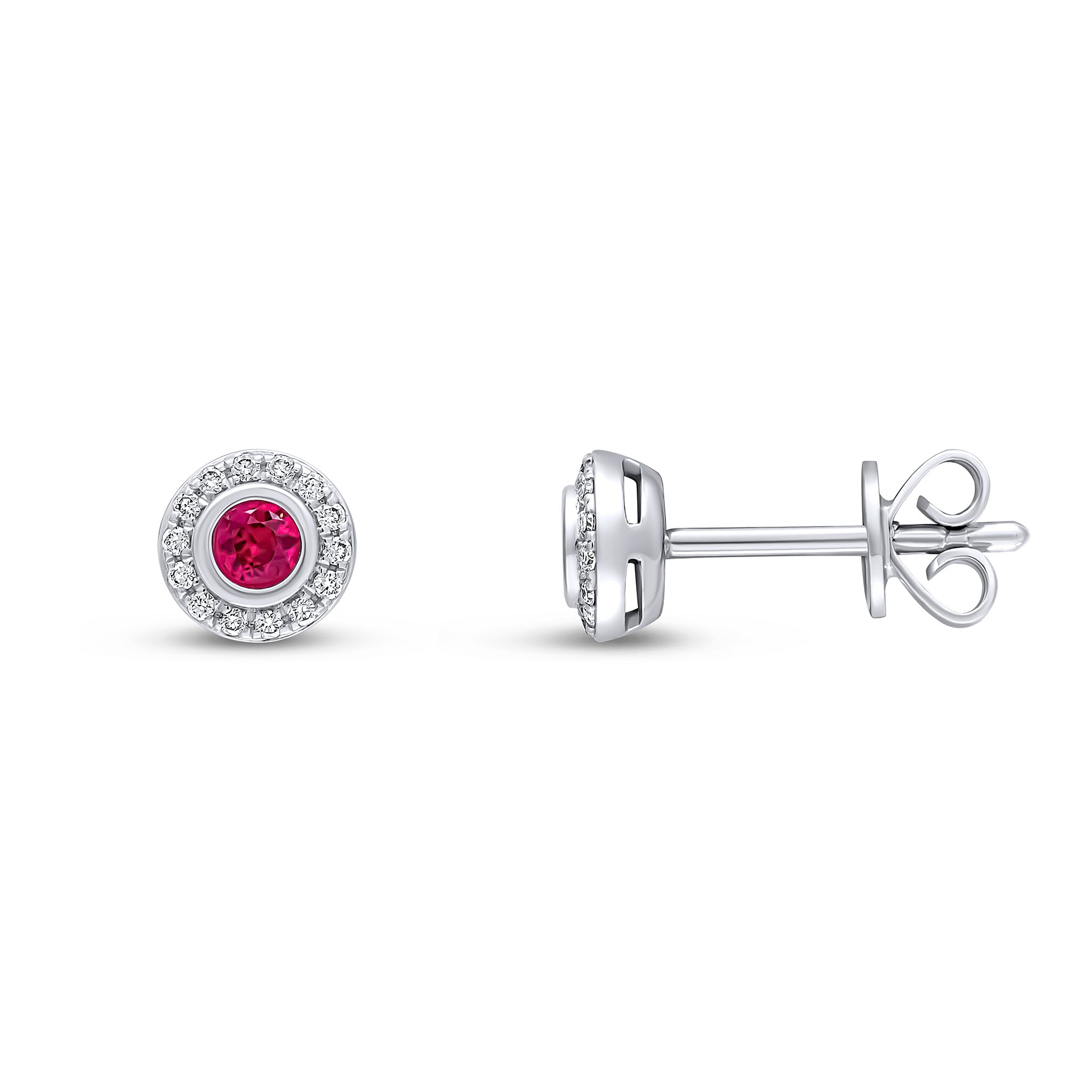 18ct White Gold Rubobver Round Ruby & Grain Set Diamond Cluster Earrings