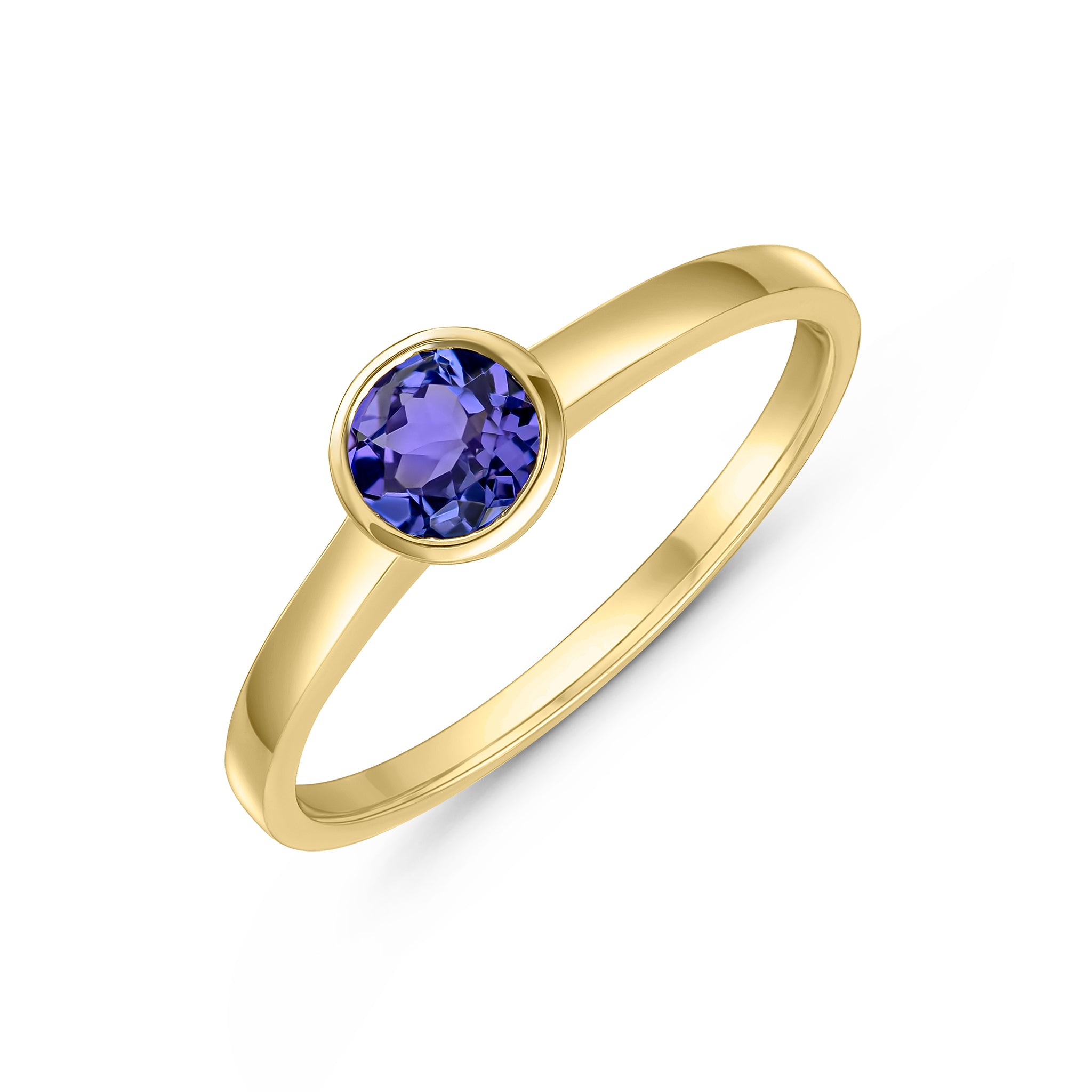 9ct Yellow Gold 5mm Round Tanzanite Rubover Single Stone Ring