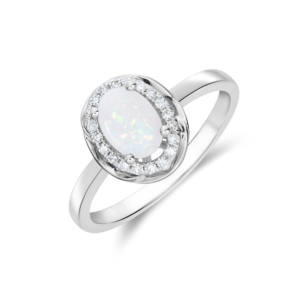 9ct White Gold 7x5 Oval Opal & Diamond Cluster Ring with Rope Edge