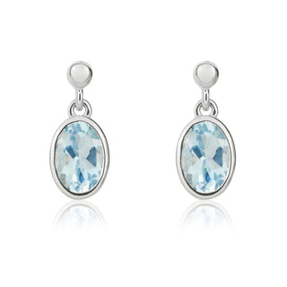 9ct white gold 6 x 4 mm oval aquamarine rubover Drop Earrings With 2.5mm Bead Top