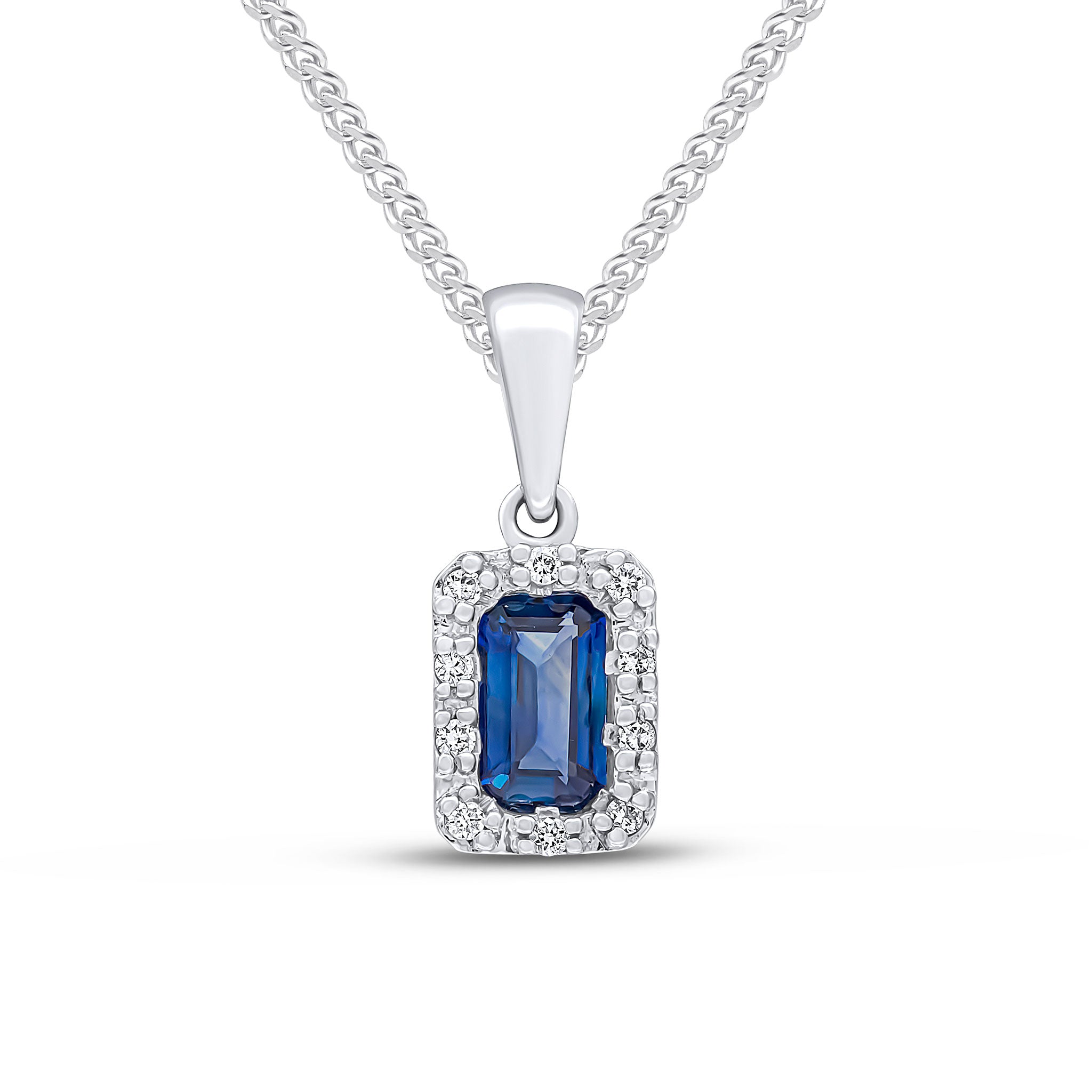 18ct White Gold Octagon Sapphire and Diamond Claw Set Cluster Pendant