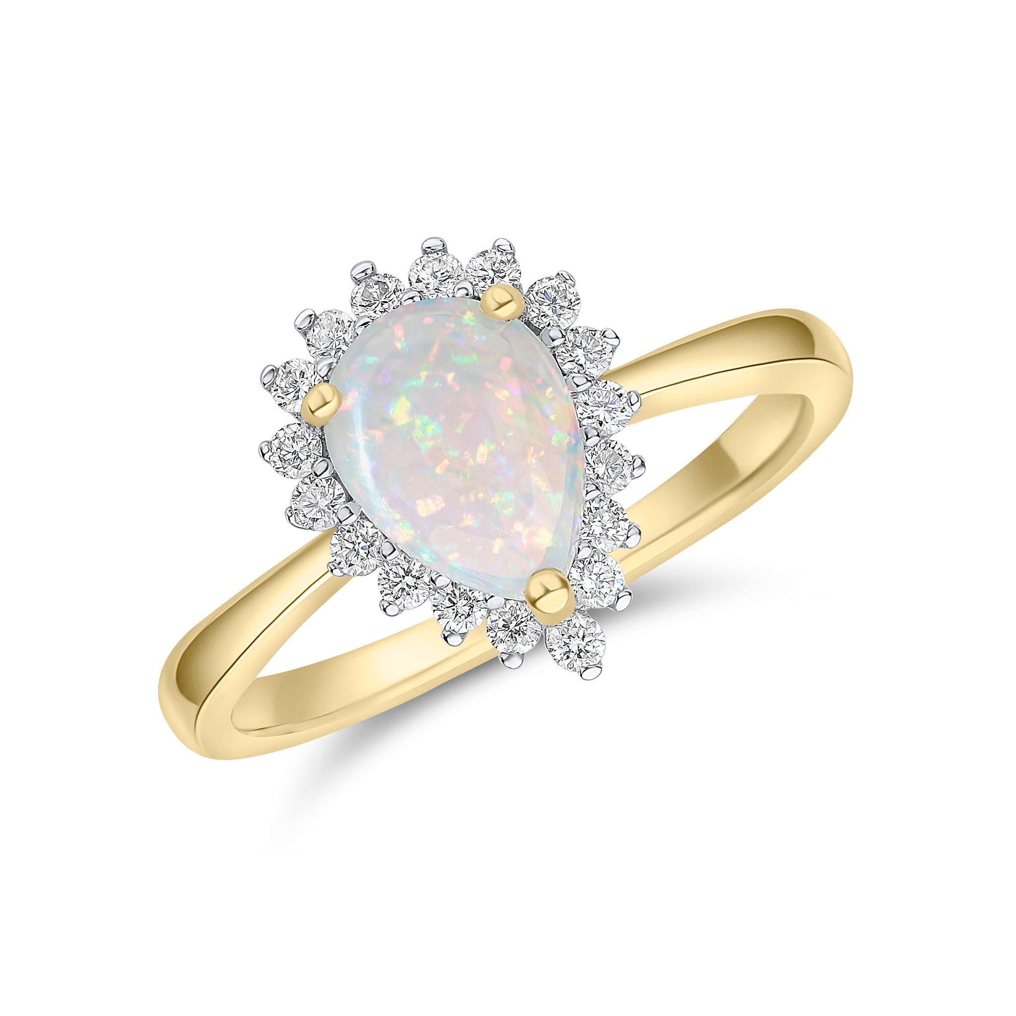 18ct Yellow Gold 8x6mm Pear Shape Opal & Diamond Claw Cluster Ring Rhodium to Diamonds