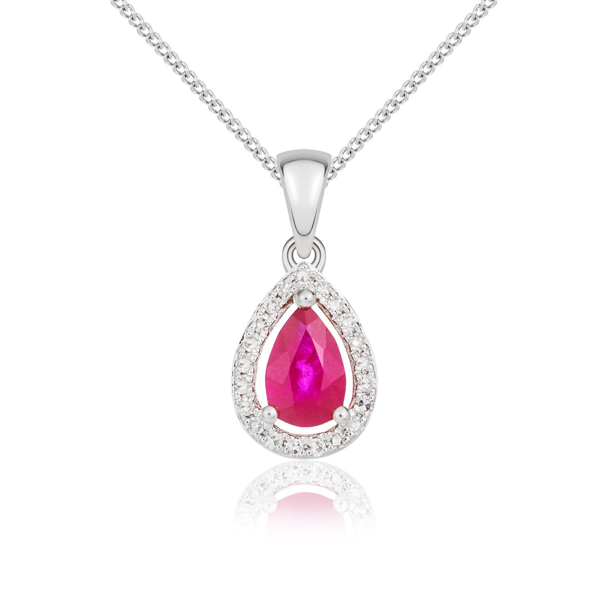 9ct White Gold 6x4 Pear Shape Ruby & Diamond Halo Claw Cluster Pendant