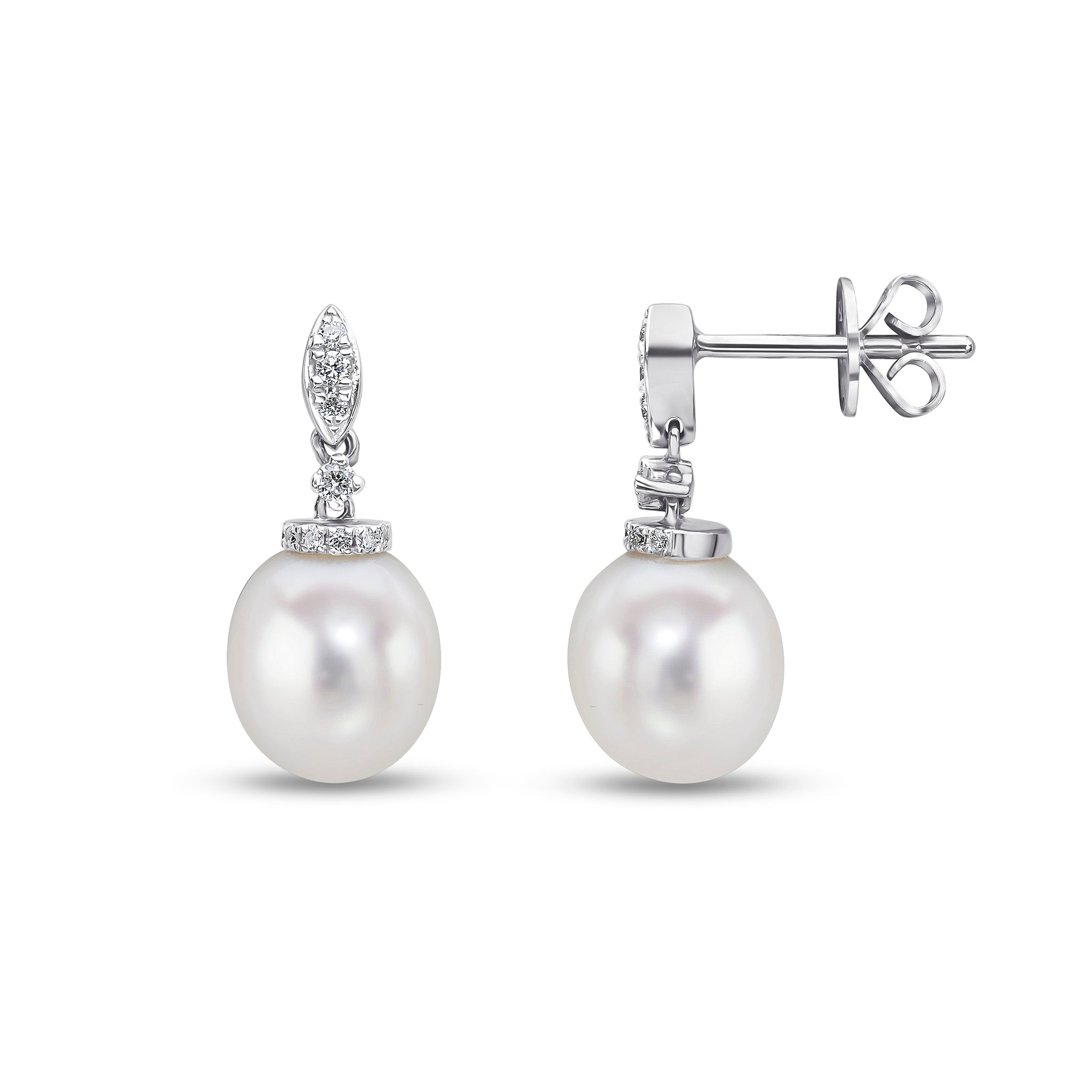 18ct White Gold Freshwater Cultured Pearl and Diamond Marquise Top and Cap Drop Earrings