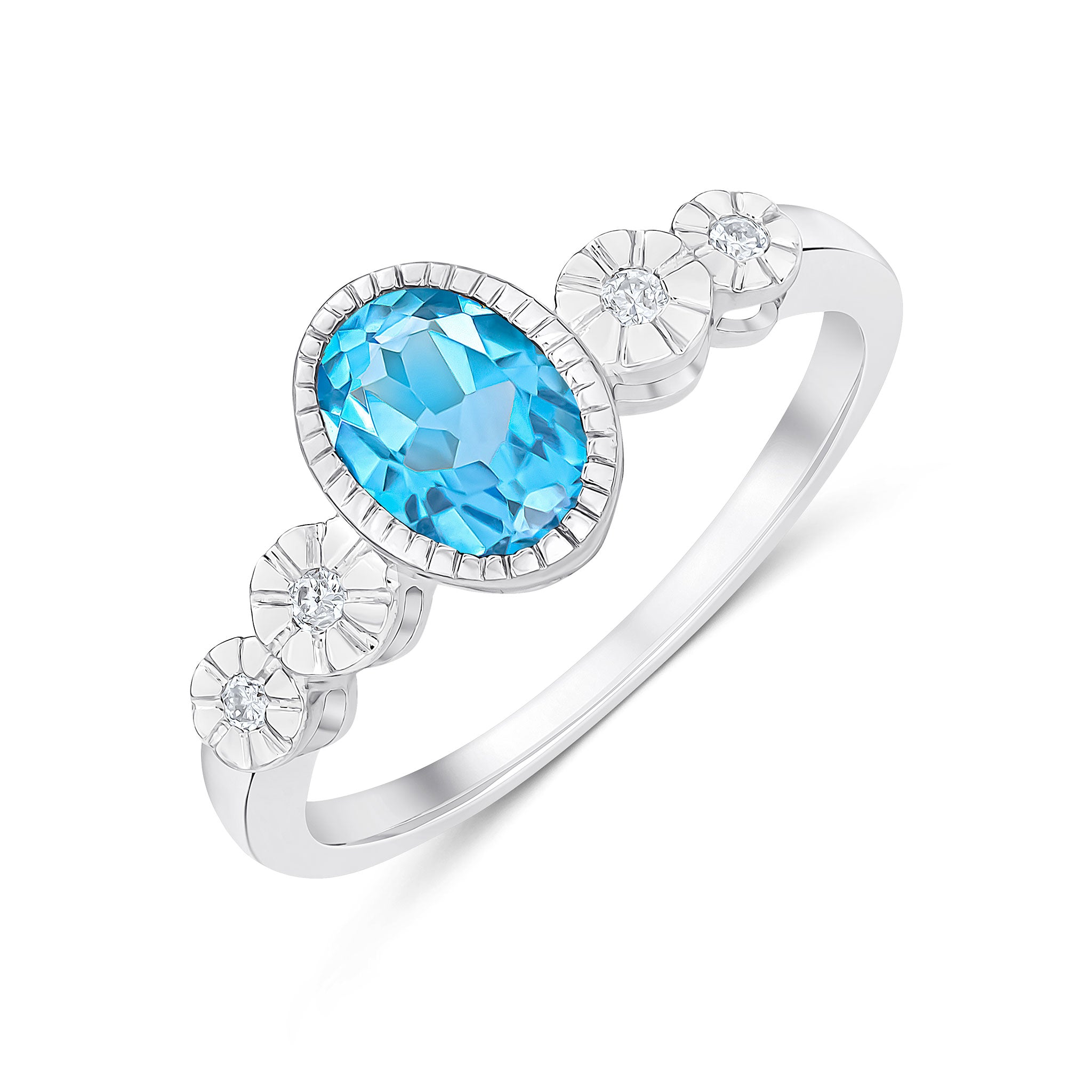 9ct White Gold Milgrain Oval Swiss Blue Topaz and Illusion Diamond 4 Stone Shoulders Ring