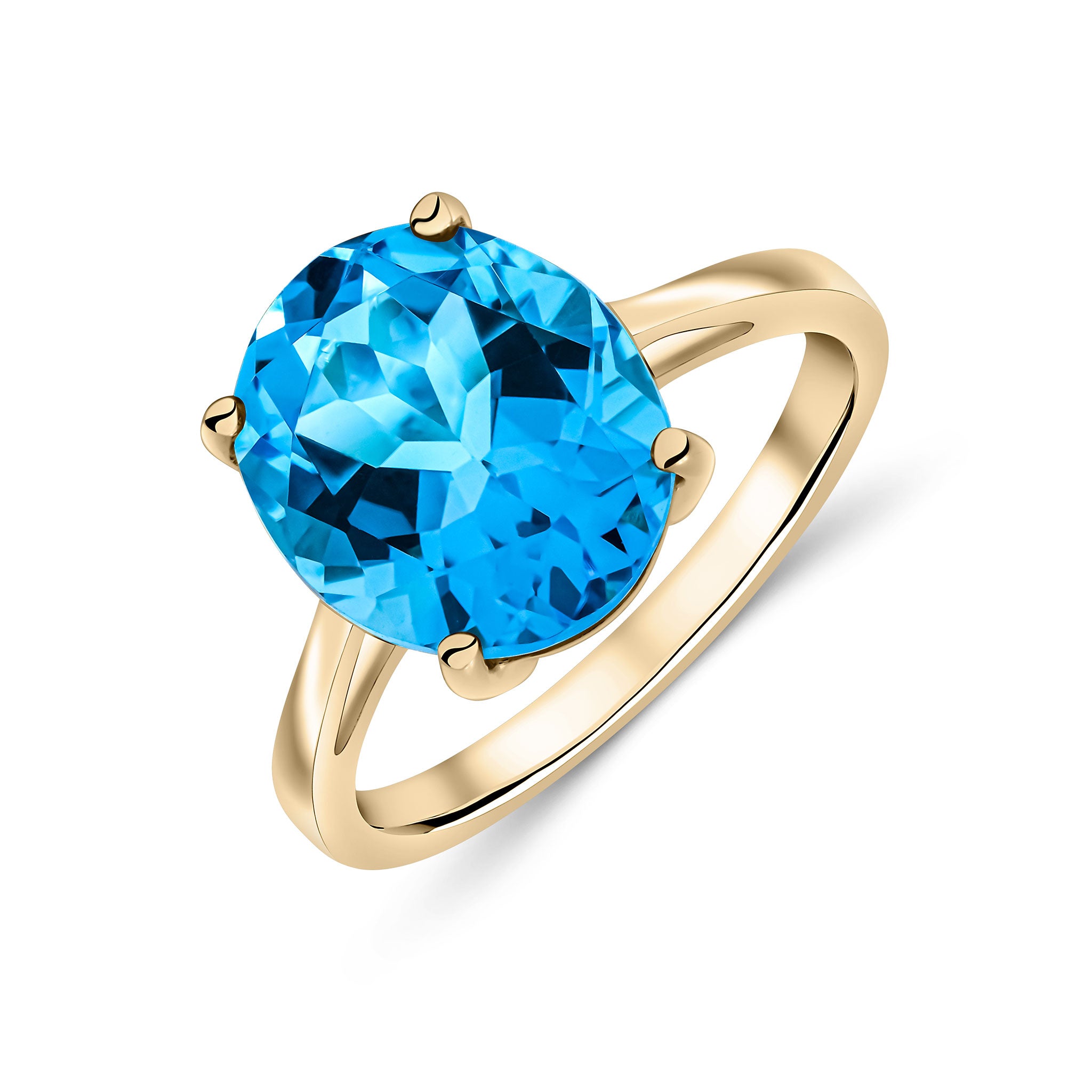 9ct Yellow Gold 12x10mm Oval Swiss Blue Topaz Claw Set Single Stone Ring