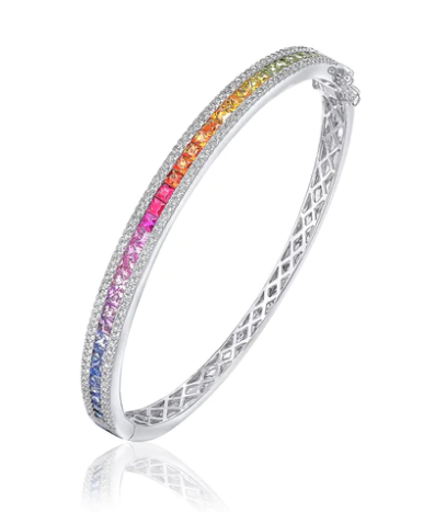 18ct White Gold Square Multi-Sapphire and Round Diamond 3 Row Hinged Bangle