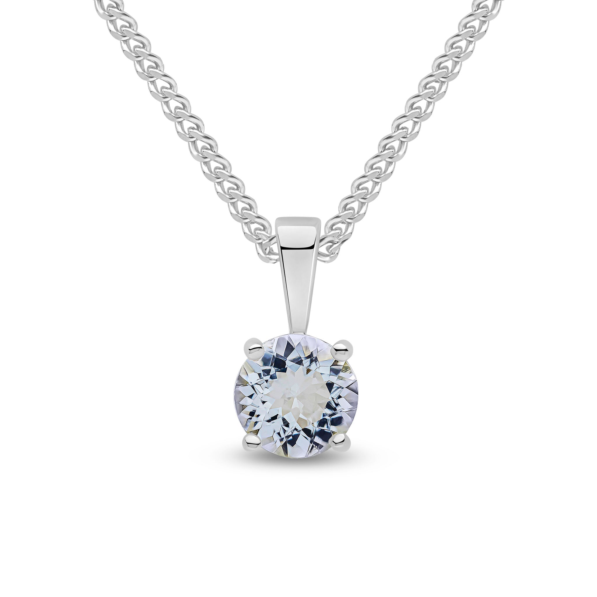 9ct White Gold 6mm Round Aquamarine 4 Claw Pendant