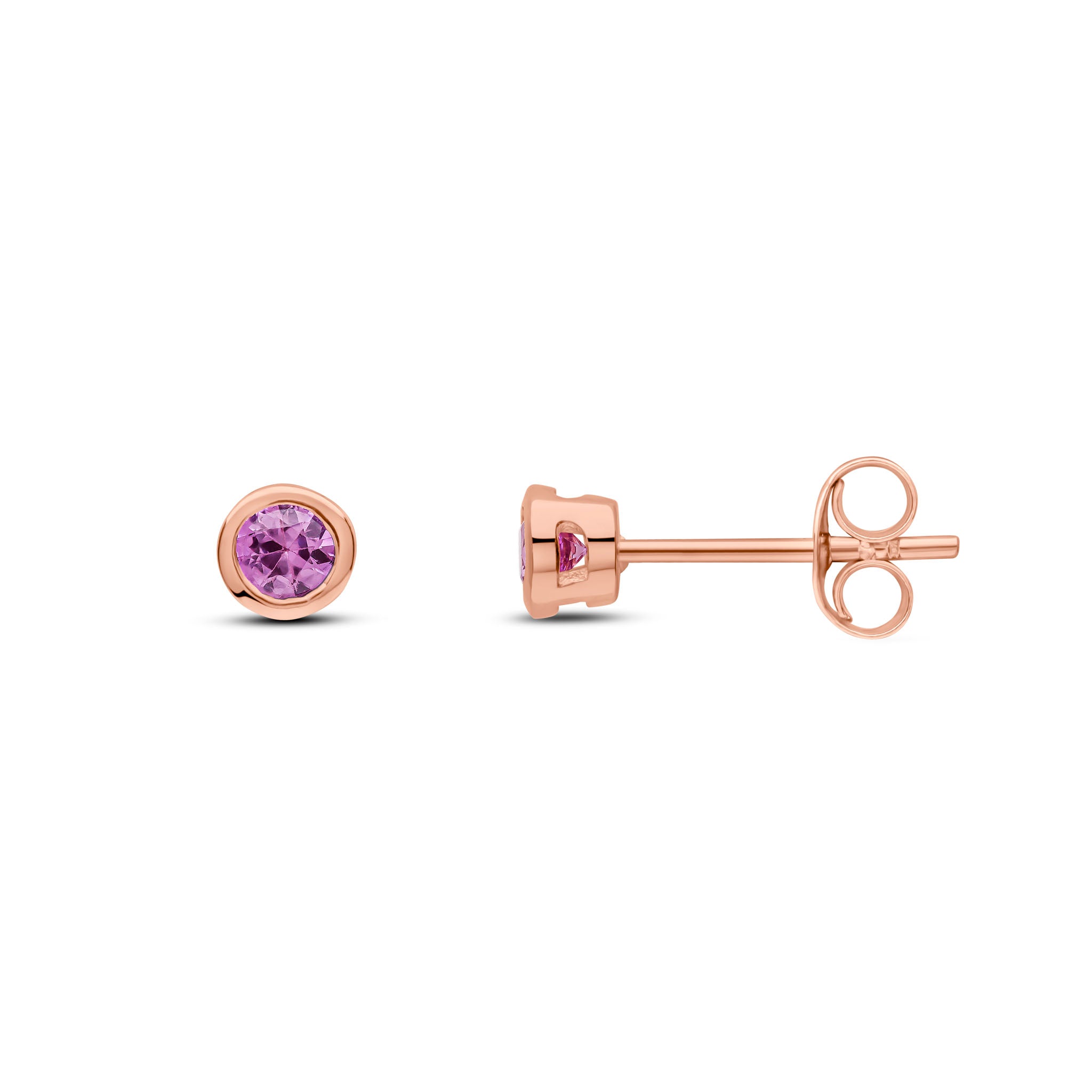 9ct Rose Gold 3mm Round Pink Sapphire Rubover Earrings