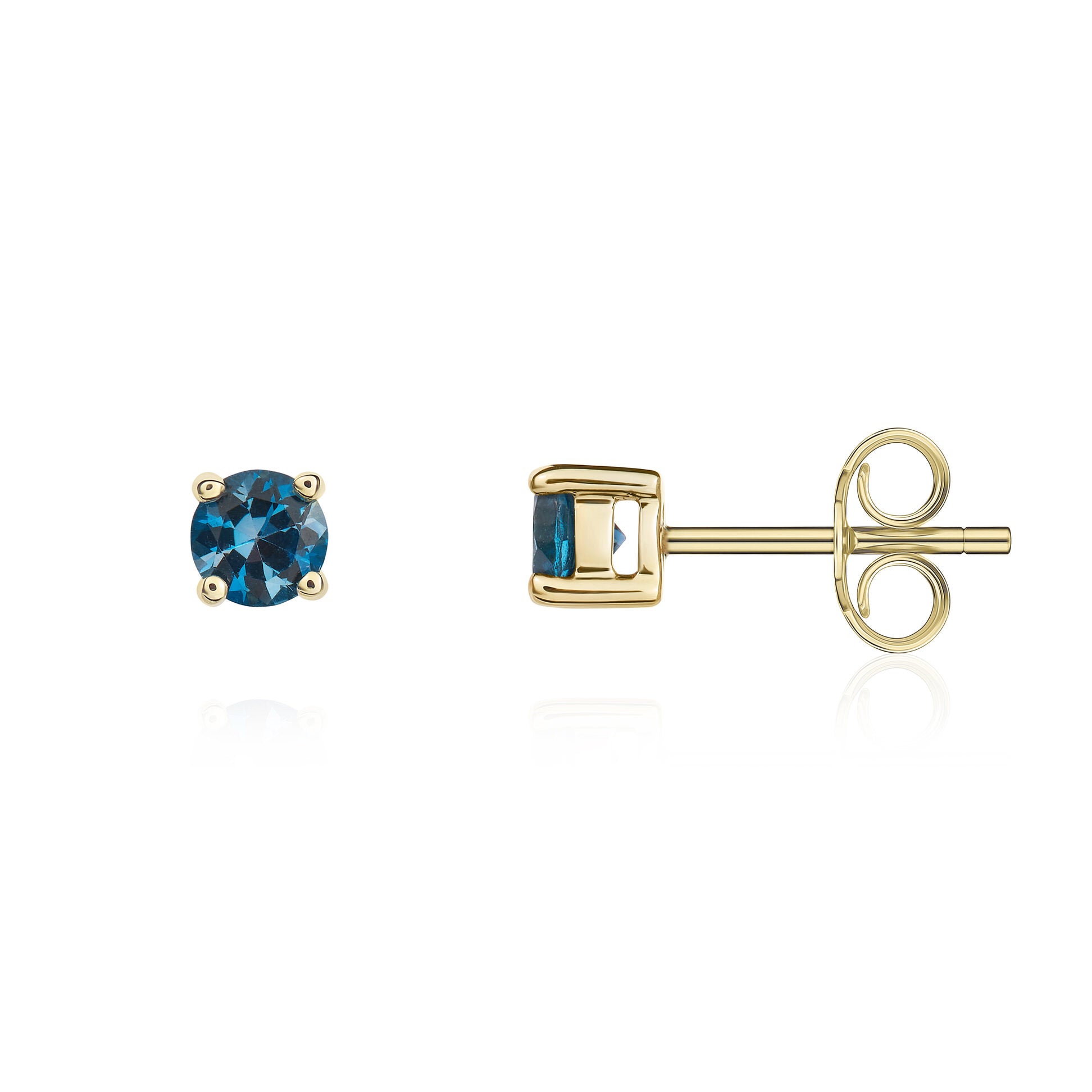 9ct yellow gold 4mm Round London Blue Topaz 4 Claw Earrings