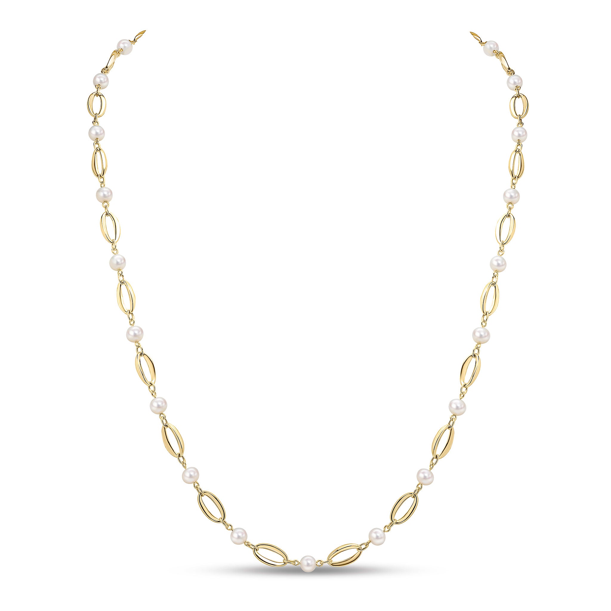 9ct Yellow Gold F W Prl & Gold Ovals Necklace 24"