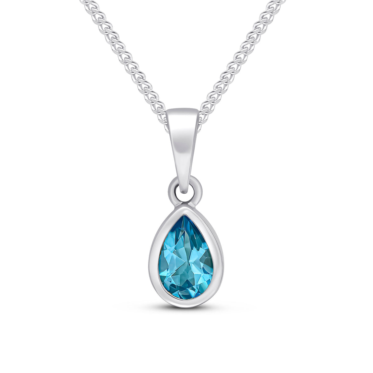 9ct White Gold 6x4 Pear Shape Swiss Blue Topaz Rubover Single Stone Pendant