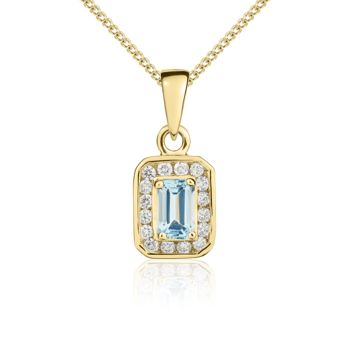 9ct Yellow Gold Octagon 5x3 Aquamarine & Diamond Cluster Claw Pendant