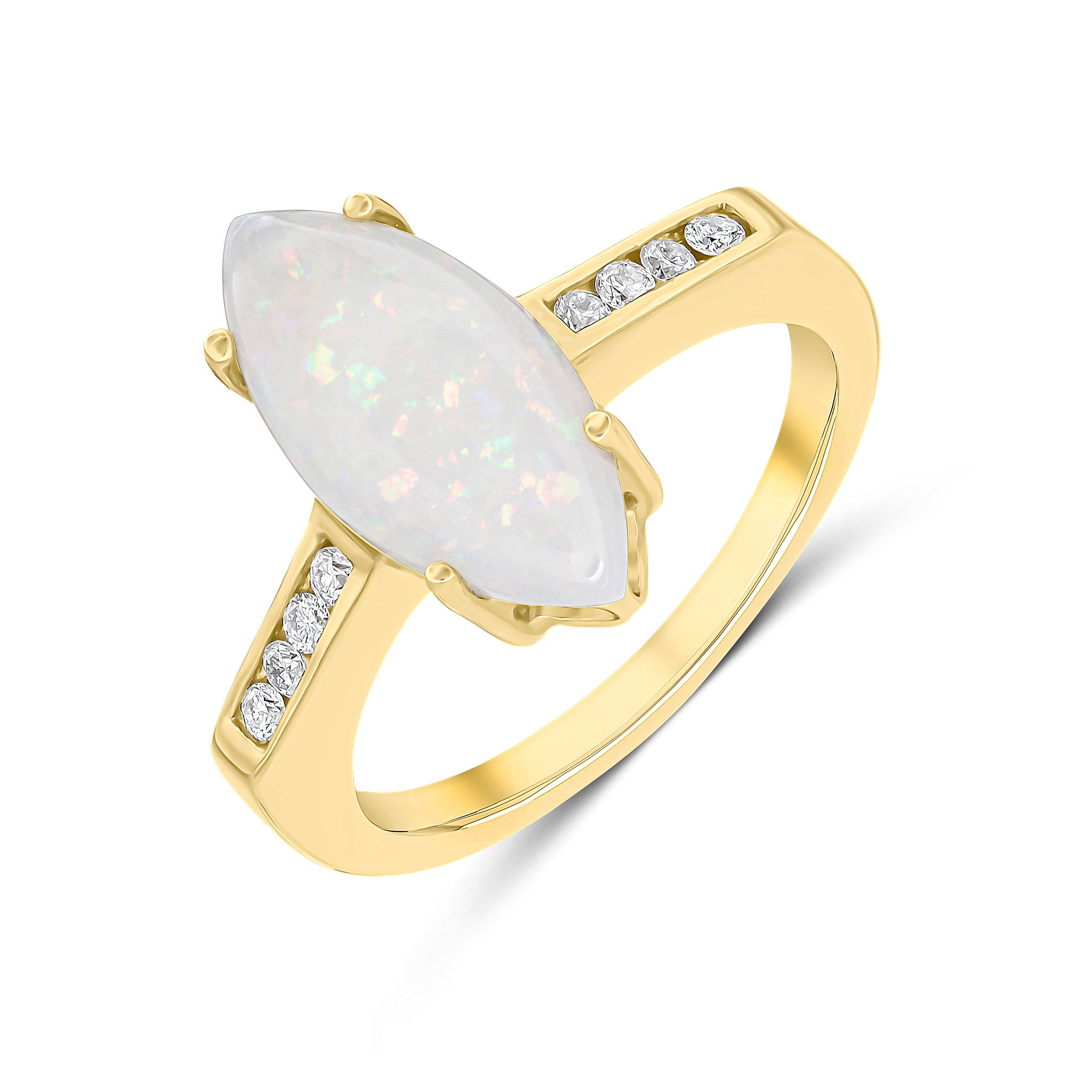 9ct Yellow Gold 15x7 Marquise Opal Single Stone Ring with Channel Set Diamond Shoulders