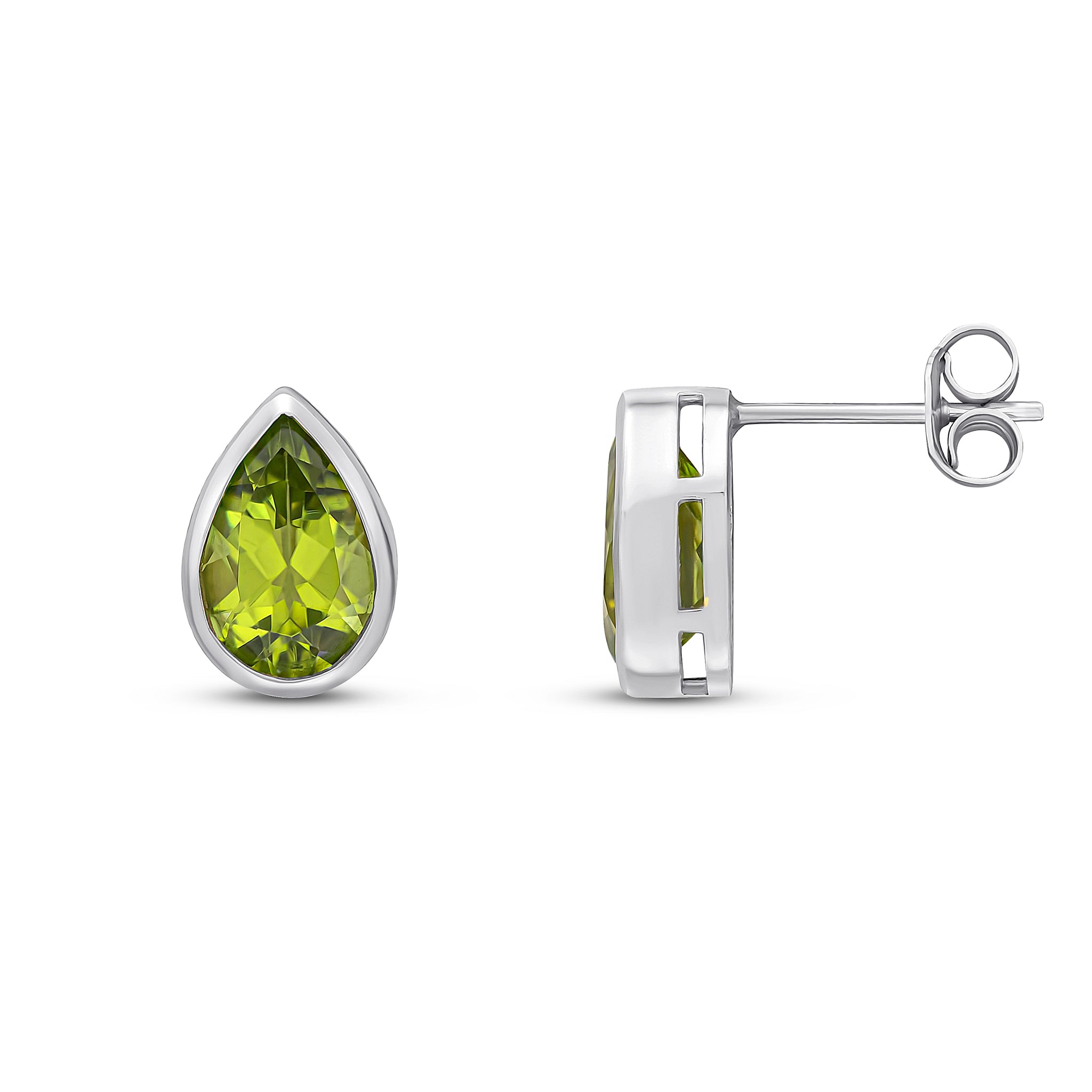 9ct White Gold 9x6 Pear Shape Peridot Rubover Earrings