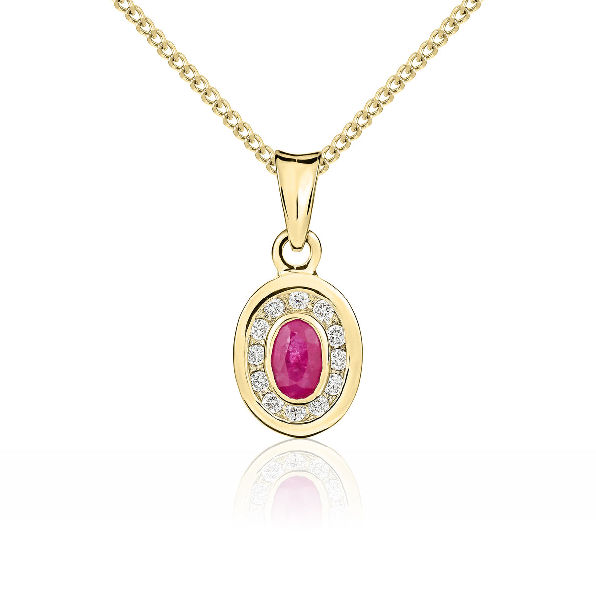 9ct Yellow Gold Oval Ruby & Diamond Rubover Cluster Pendant