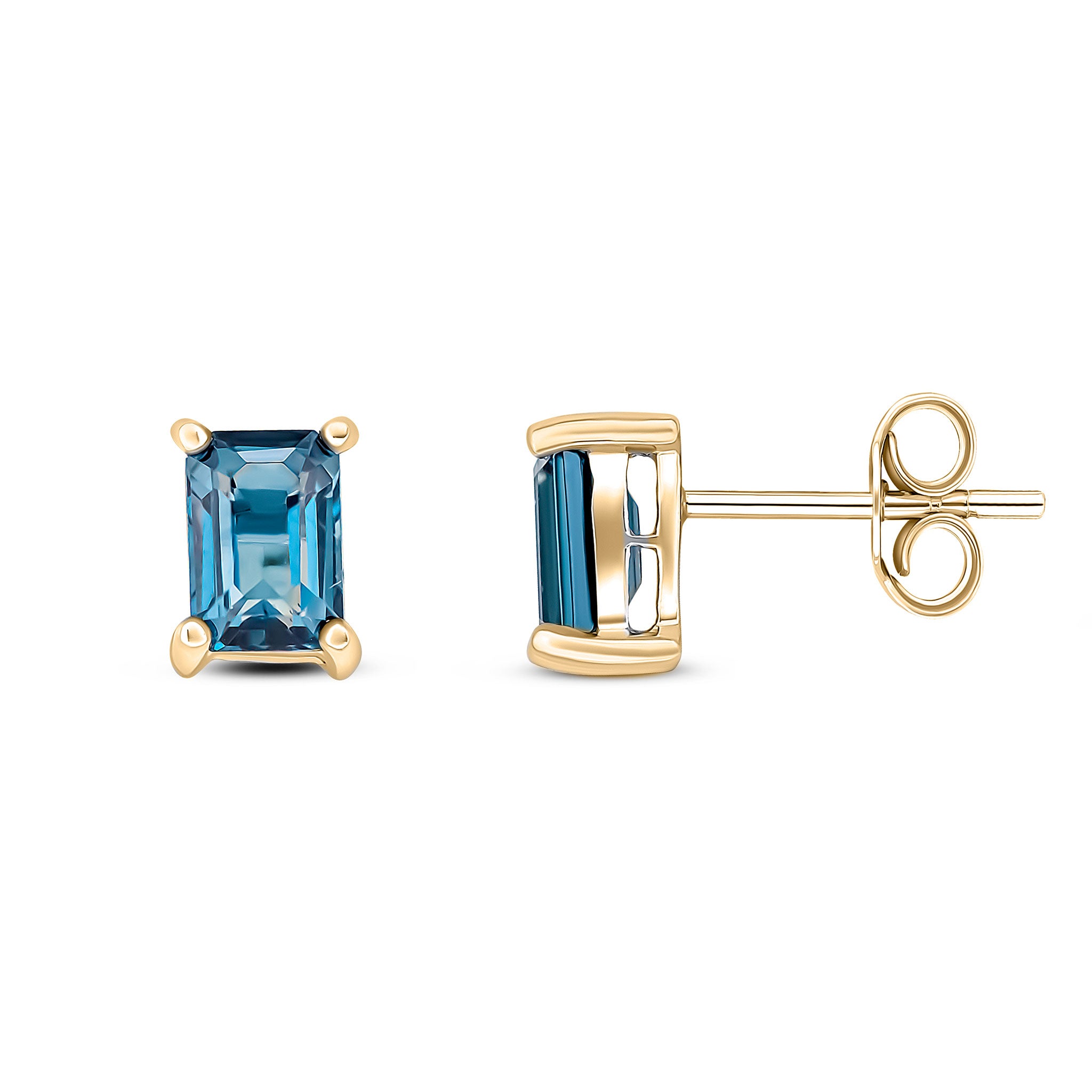 9ct Yellow Gold 6x4 Octagon London Blue Topaz Claw Set Earrings