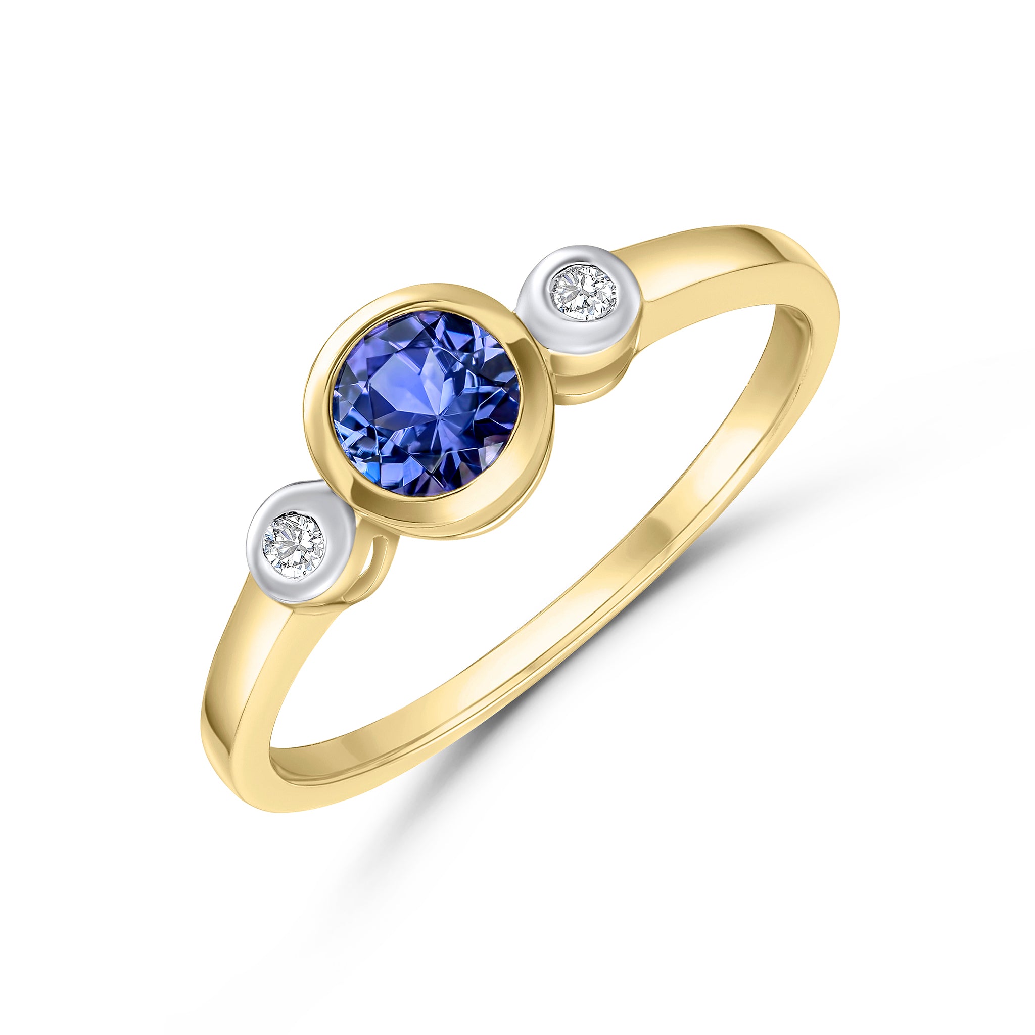 9CT YG 5MM ROUND TANZANITE AND DIAMOND RUBOVER 3ST RING. RHODIUM TO DIAMONDS 1