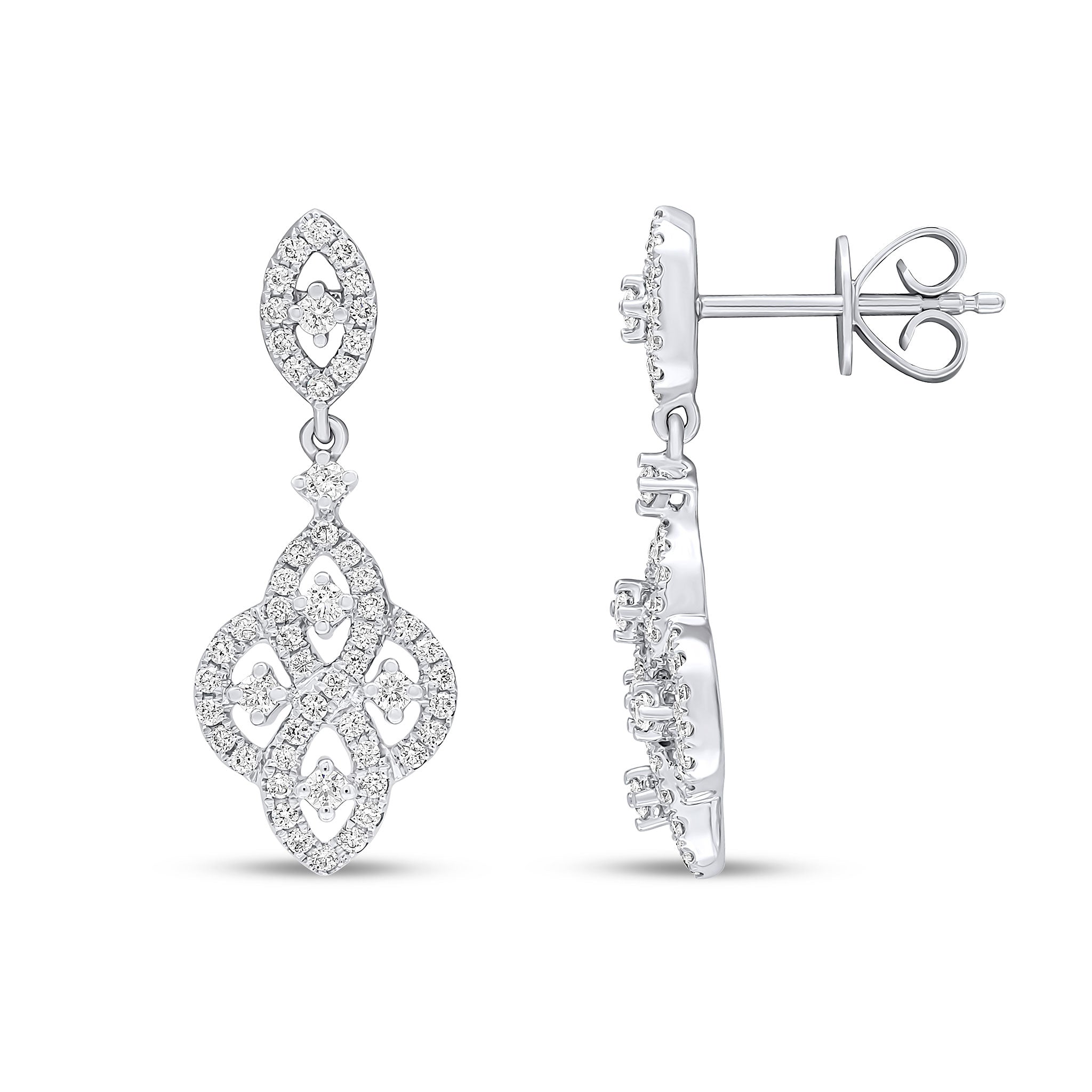 18ct White Gold Round Diamond Marquise Motifs Claw Set Drop Earrings