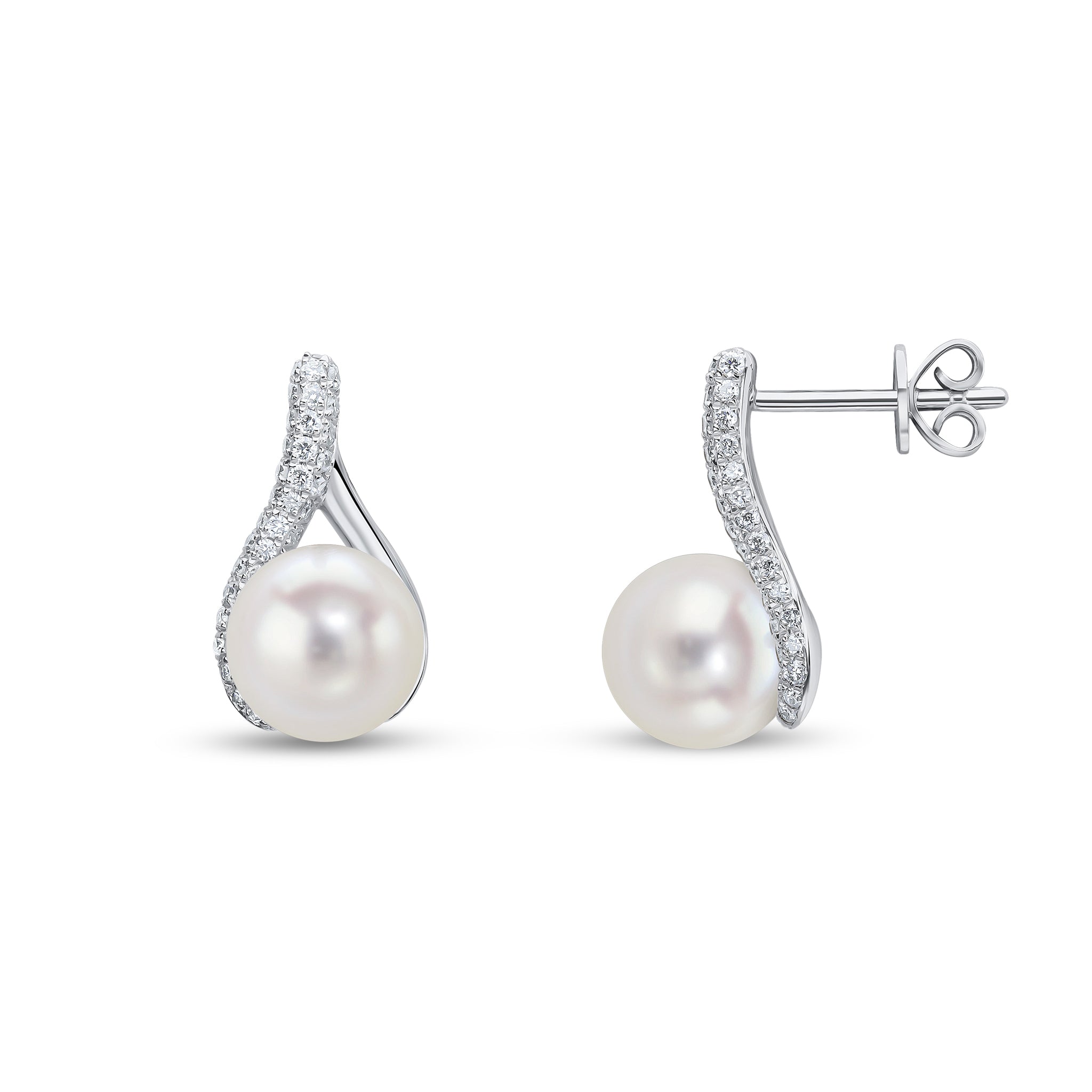 18ct White Gold Cfw Pearl and Diamond Set and Plain 'wishbone' Design Drop Earrings