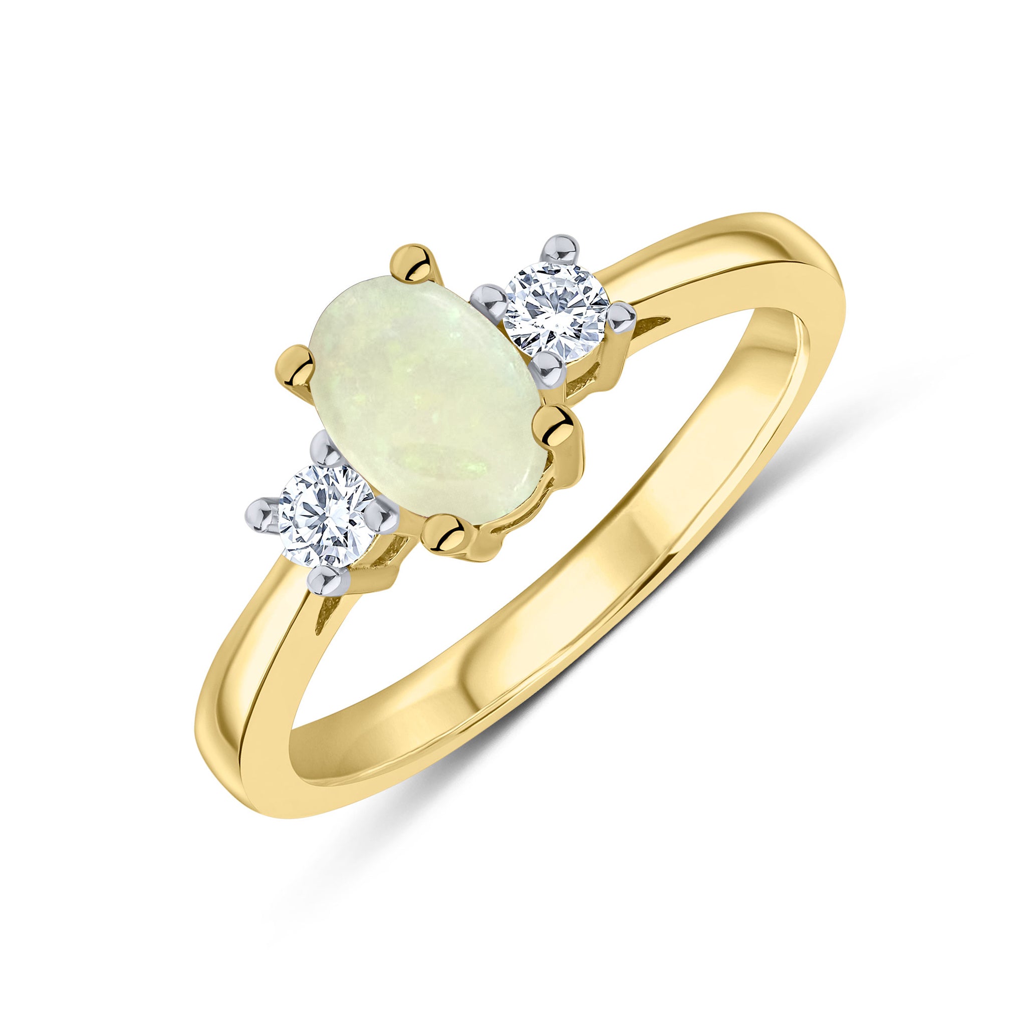 9CT YG 7X5 OVAL OPAL AND ROUND DIAMOND CLAW SET 3ST RING. RHODIUM TO DIAMONDS 1