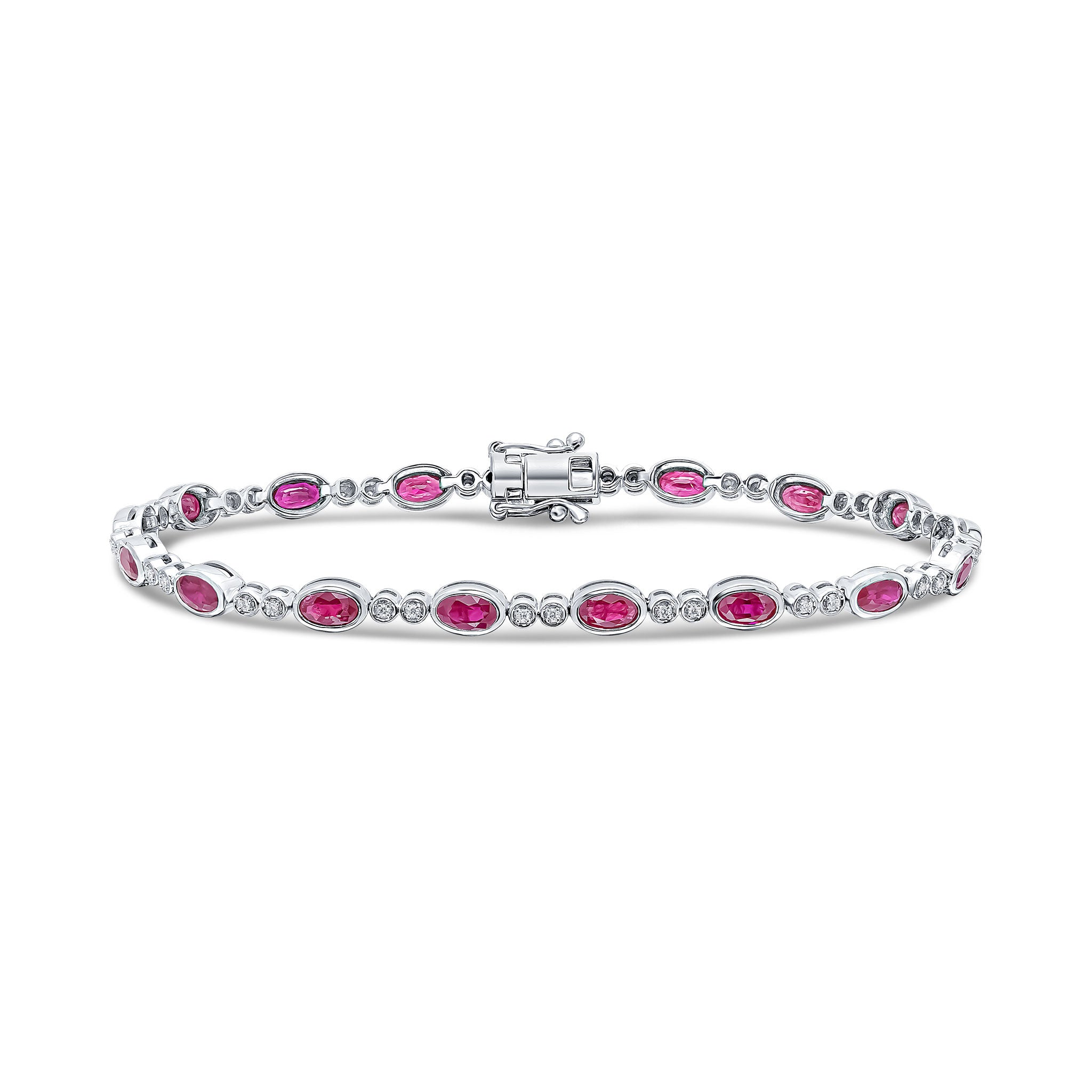 18ct White Gold Oval Ruby & 2 Stone Round Diamond Rubover Line Bracelet