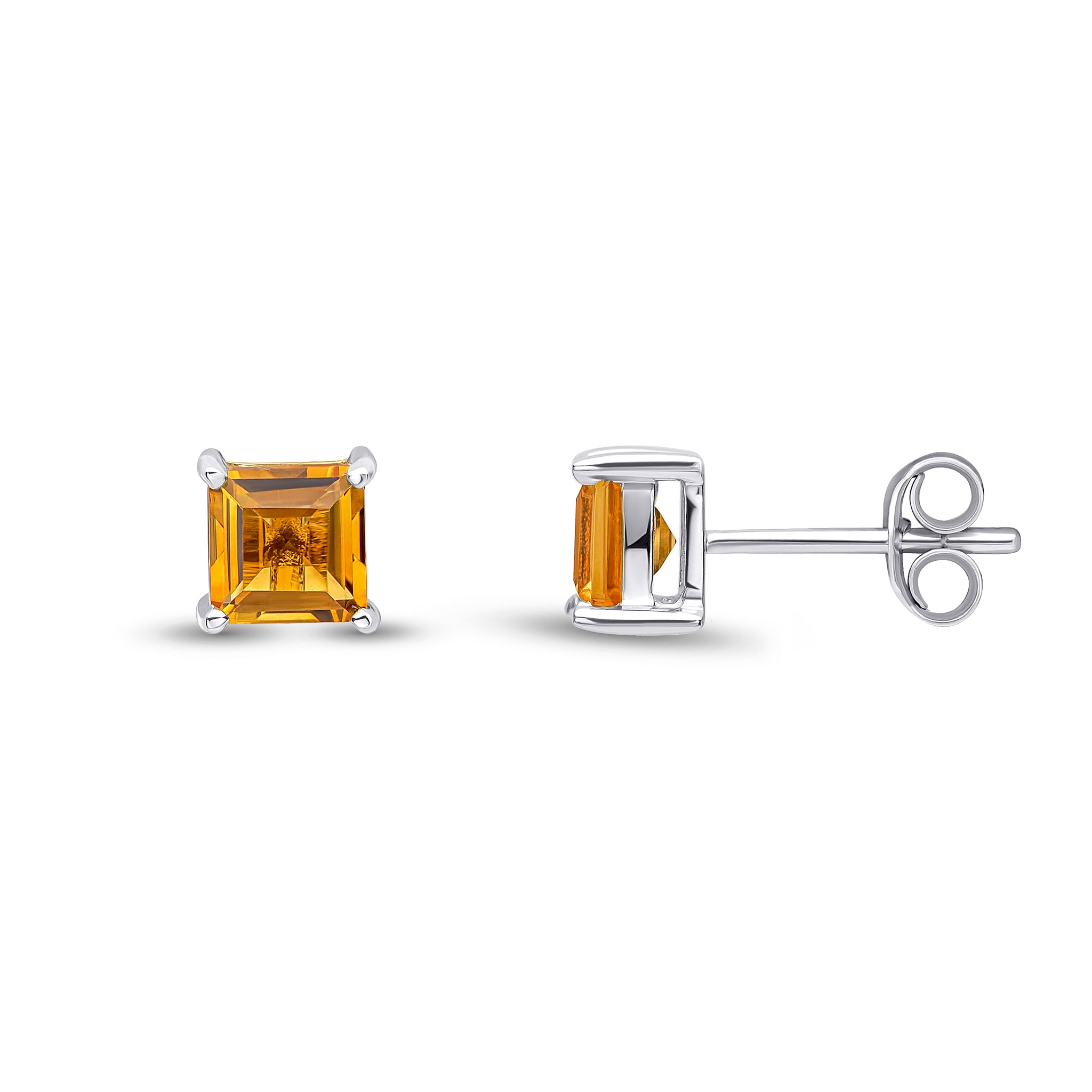 9ct White Gold 5mm Square Citrine Claw Set Earrings