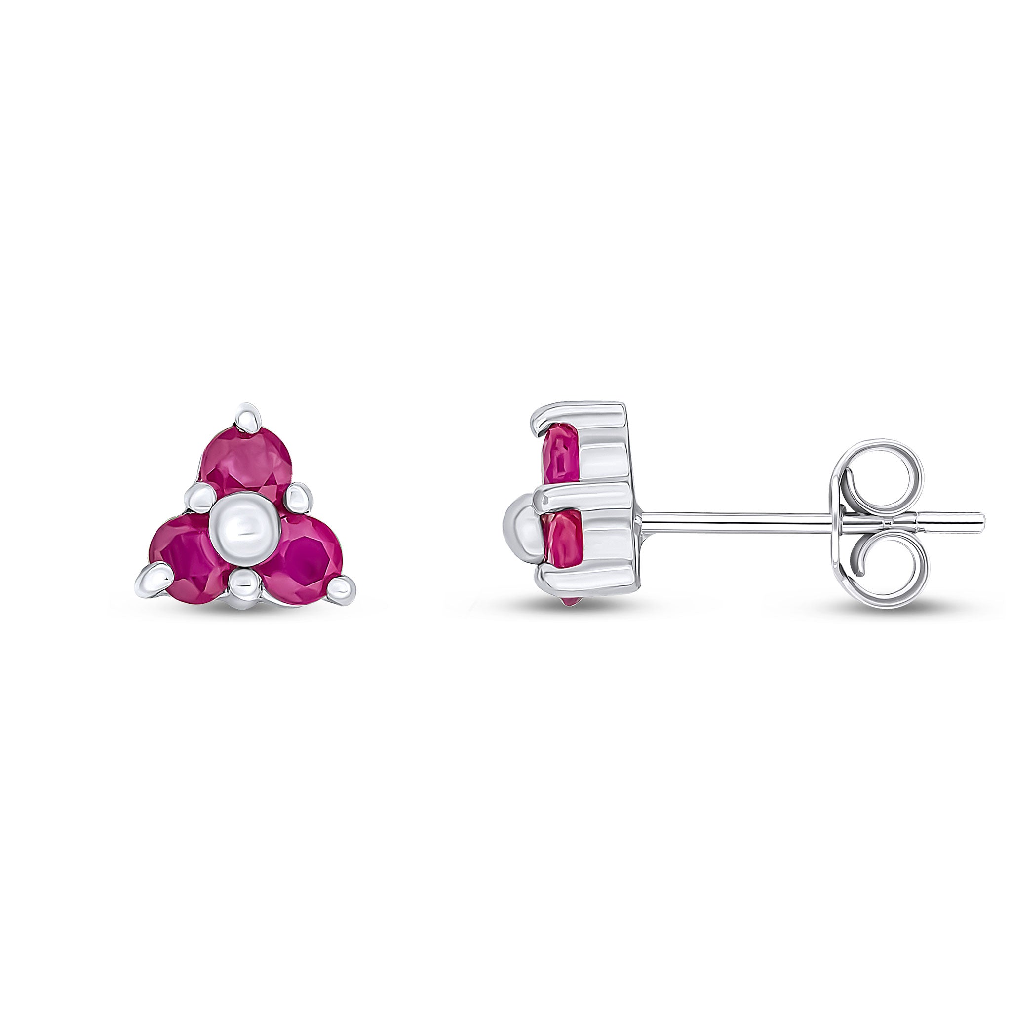 9ct White Gold Round Ruby Claw Set Trefoil Earrings