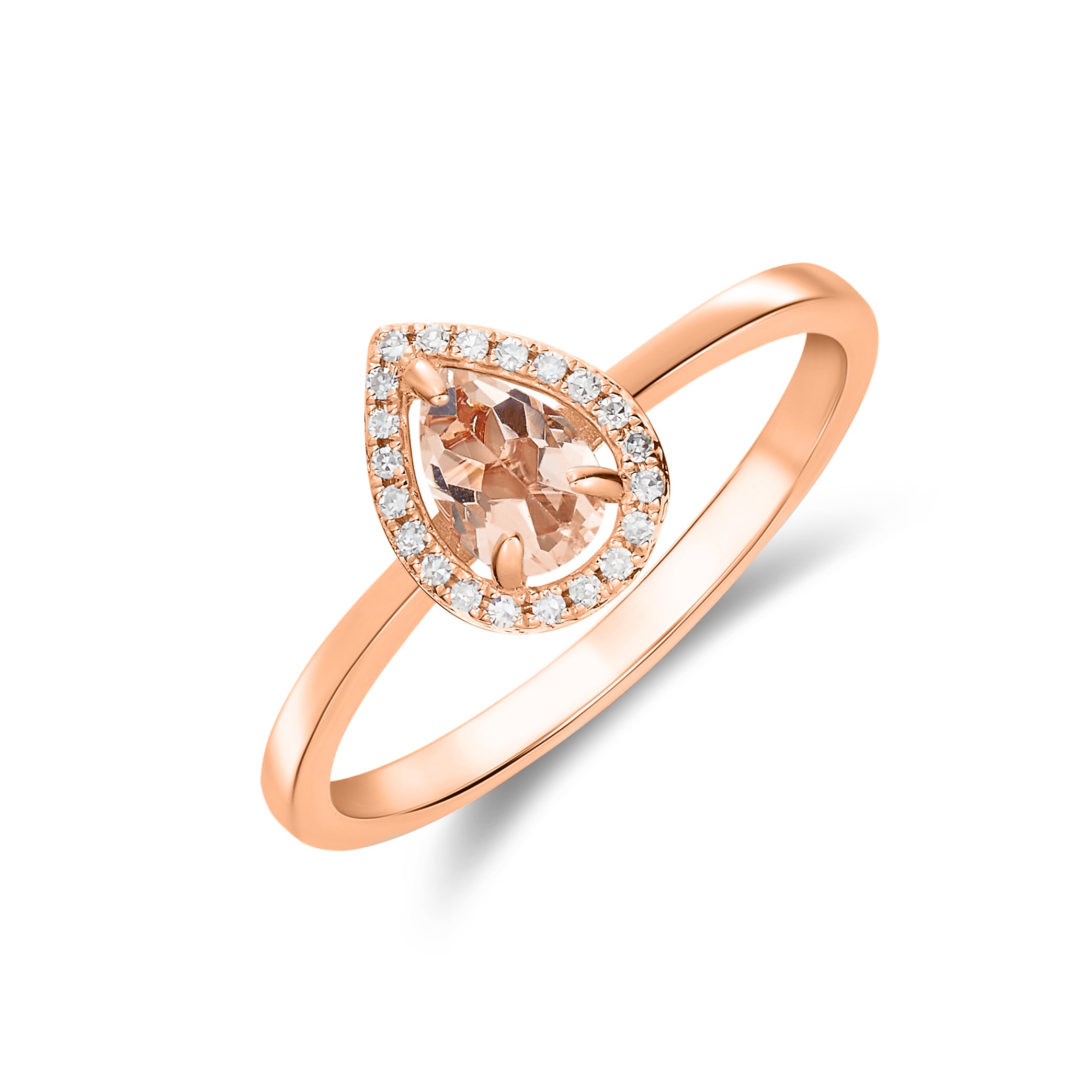 9ct Rose Gold 6x4 Pear Shape Morganite & Diamond Halo Claw Cluster Ring Rhdoium to Diamonds