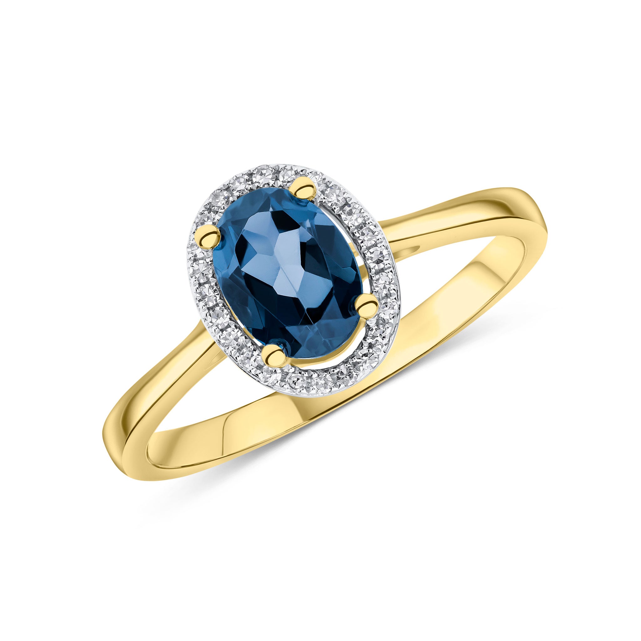 9ct Yellow Gold 7x5 Oval London Blue Topaz & Round Diamond Halo Cluster Ring Rhodium to Diamonds