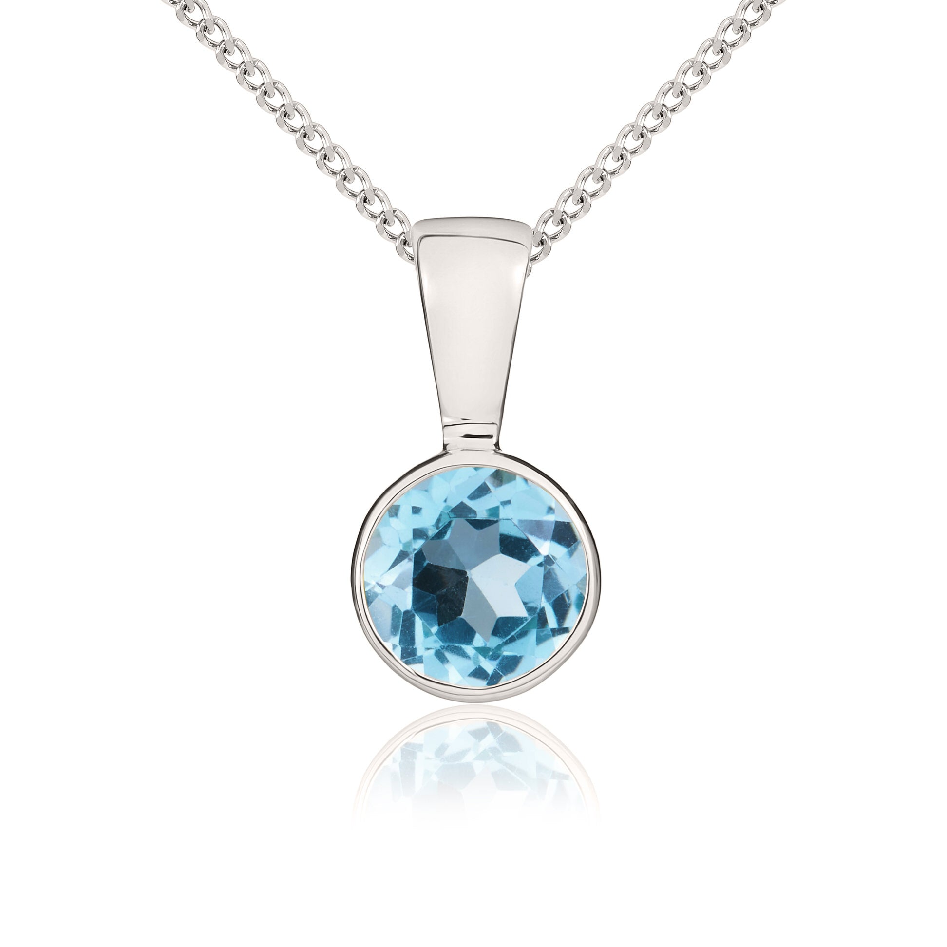 9ct white gold 5mm Round Swiss Blue Topaz rubover pendant