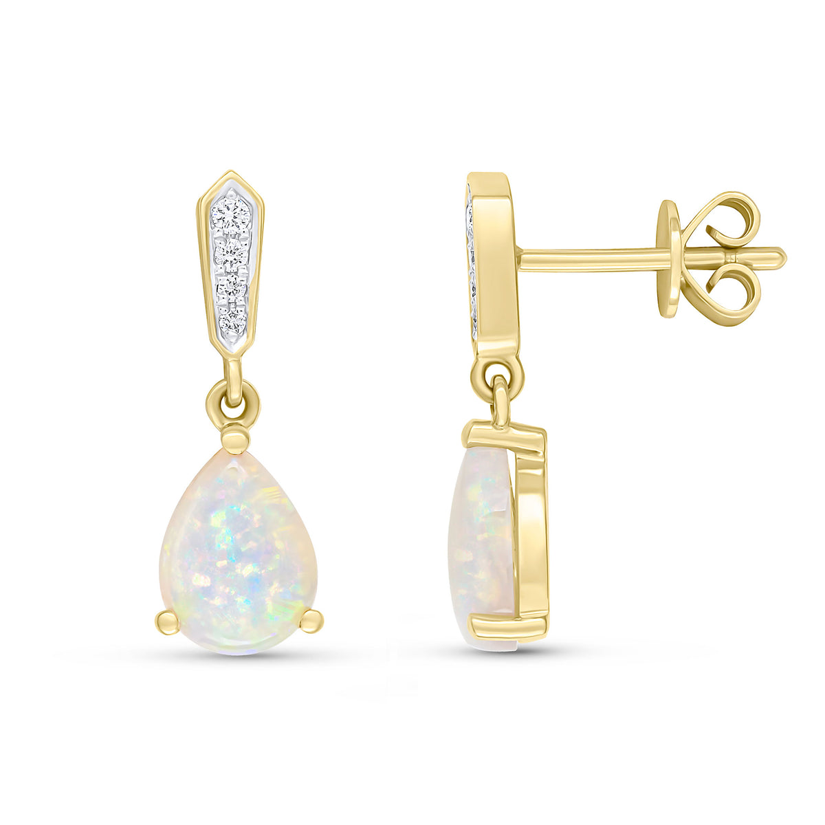 18ct Yellow Gold Claw Set 8x6 Pear Shape Opal & Grain Set Round Diamond Bar Drop Earrings