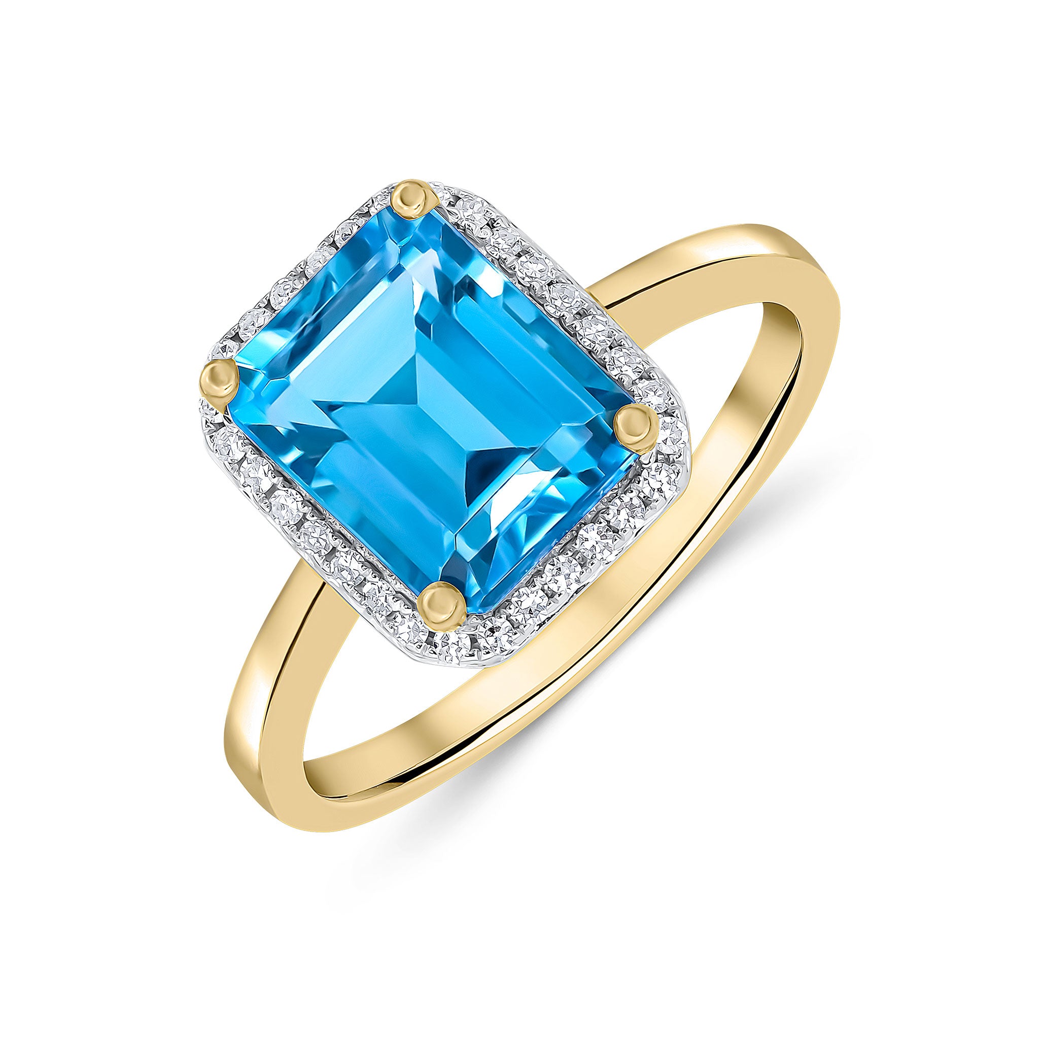 9ct Yellow Gold 9x7 Octagon Swiss Blue Topaz & Diamond Claw Set Cluster Ring Rhodium to Diamonds