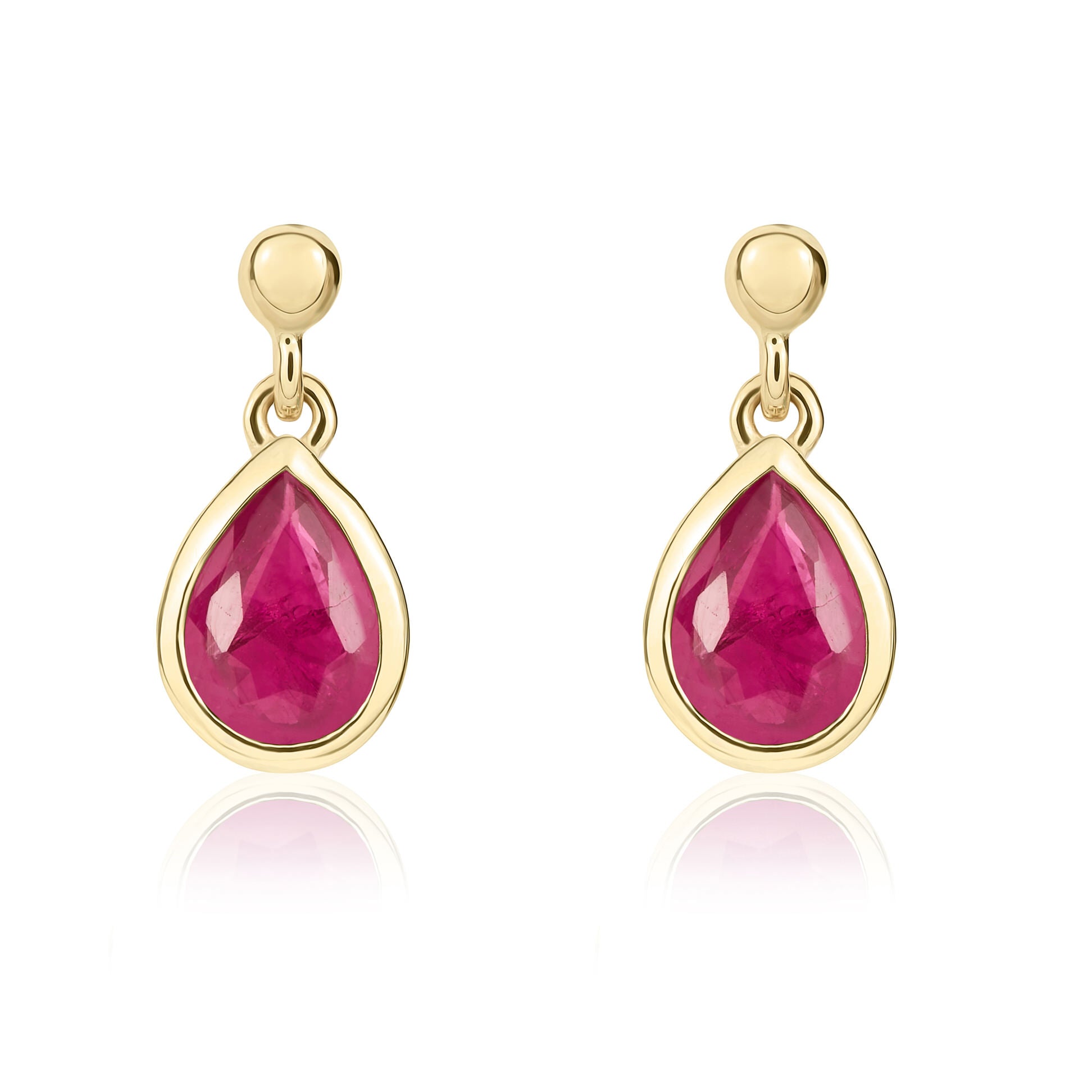 9ct yellow gold 6 x 4mm Pearshape Ruby Rubover Drop Earrings With 2.5mm Bead Top