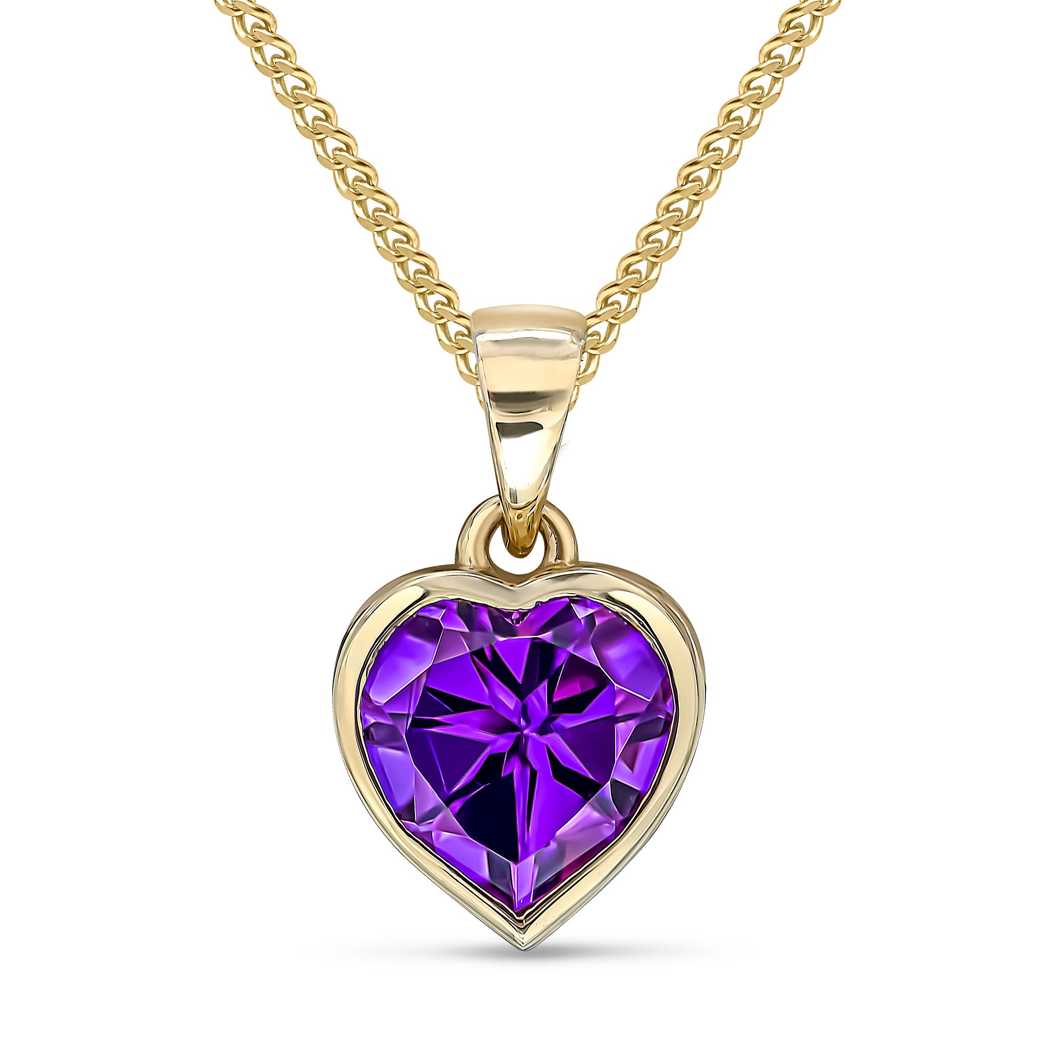 9ct yellow gold 8mm Heartshape Amethyst rubover Single Stone pendant