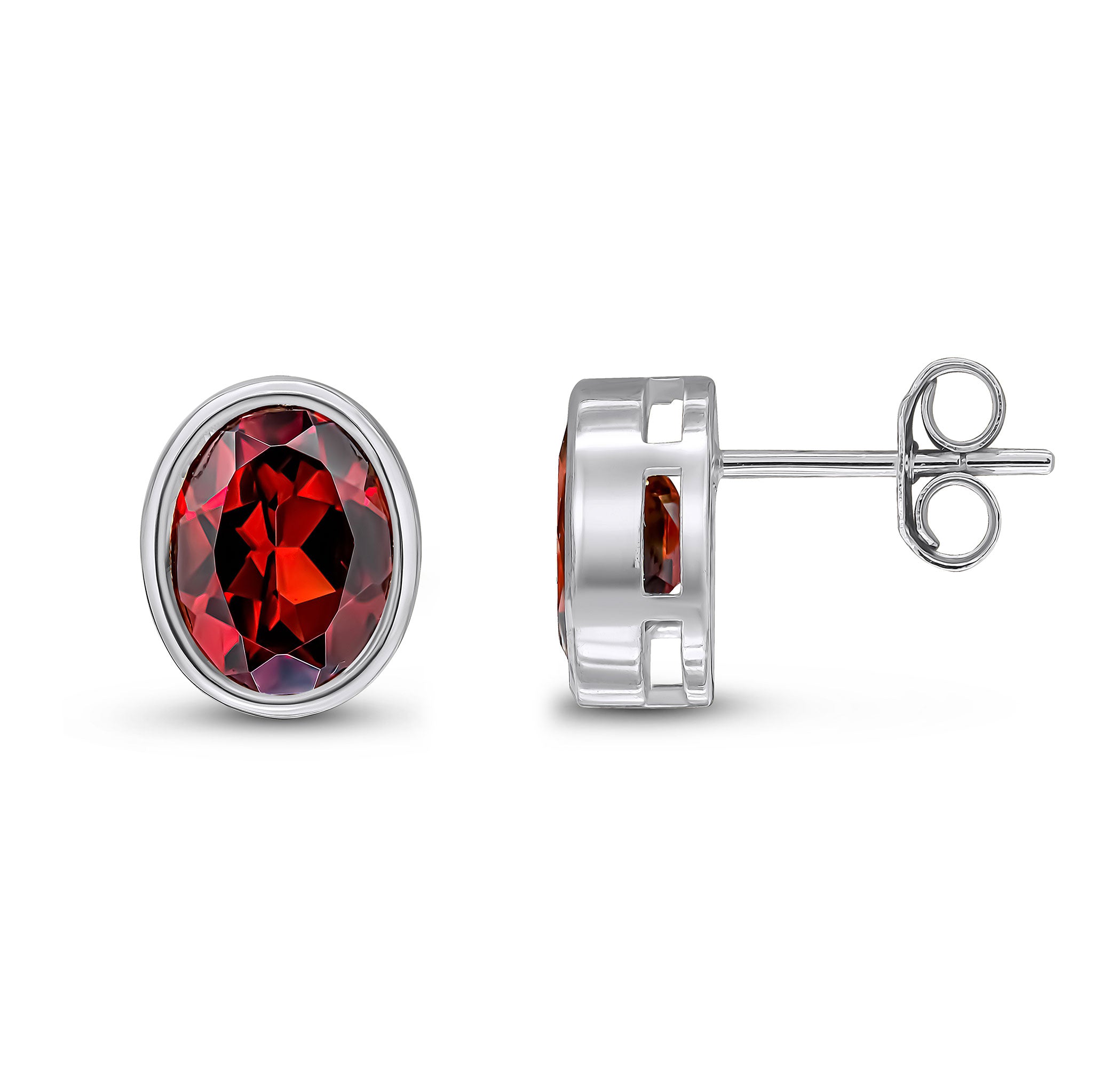 9ct White Gold 9x7 Oval Garnet Rubover Earrings
