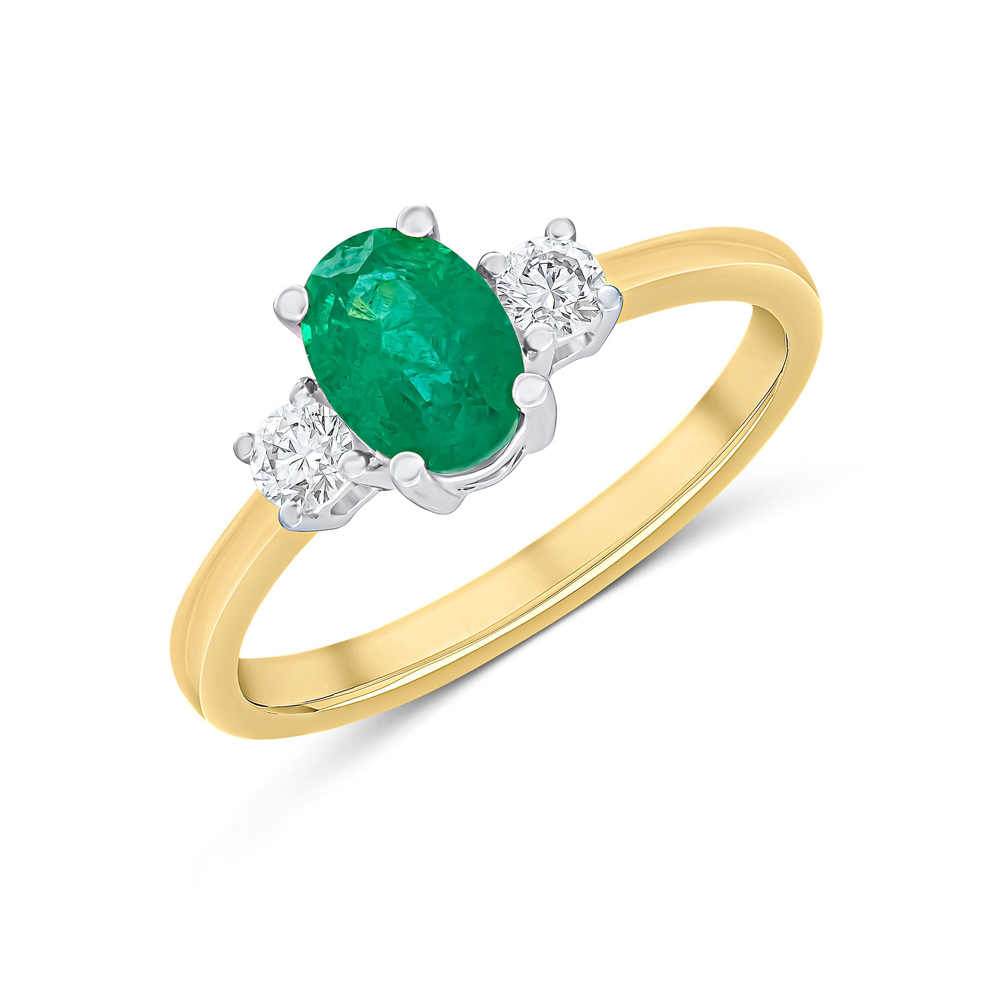 18ct Ywg Oval Emerald and Round Diamond Claw Set 3 Stone Ring Rhodium to Diamonds