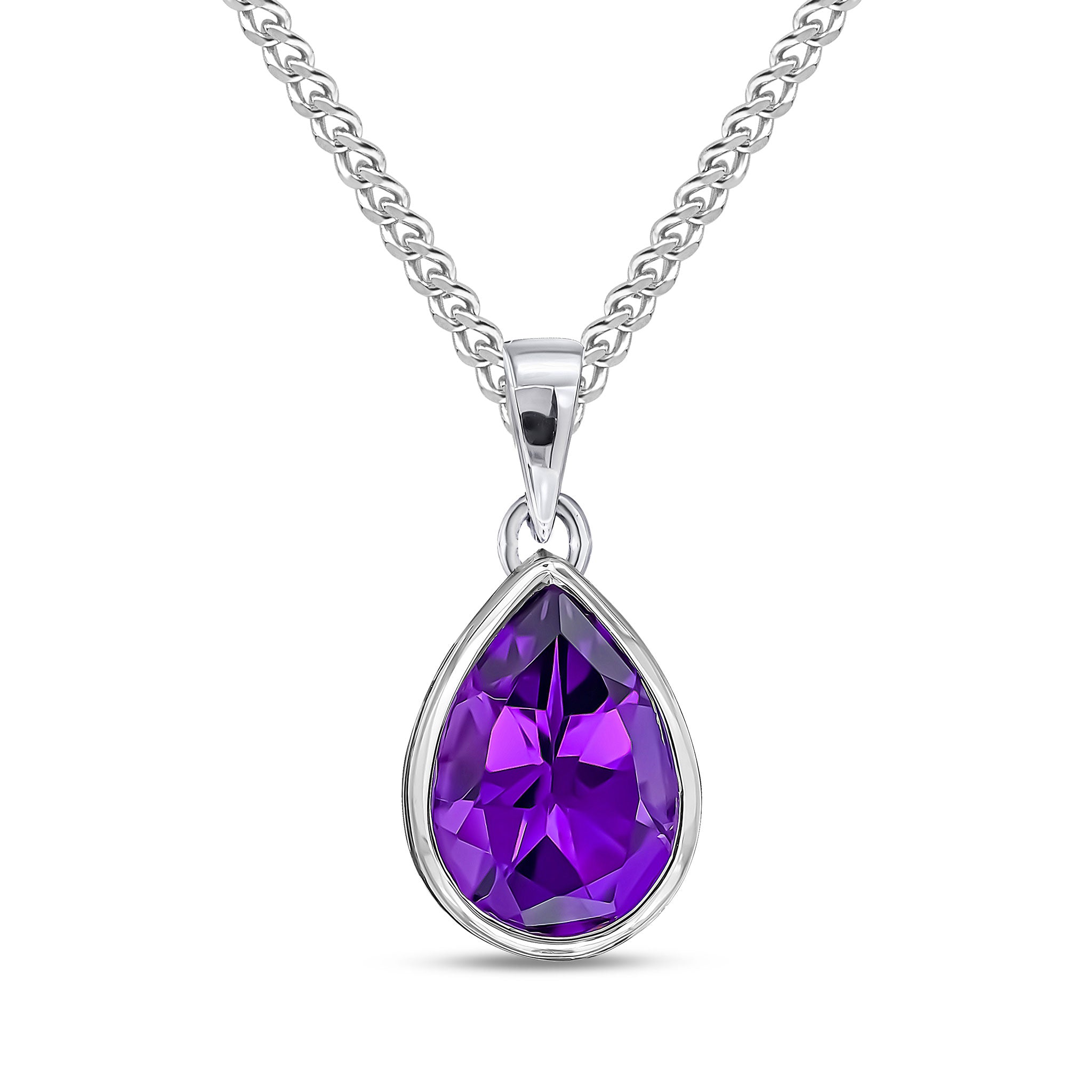 9ct White Gold 10x7mm Pear Shape Amethyst Rubover Pendant