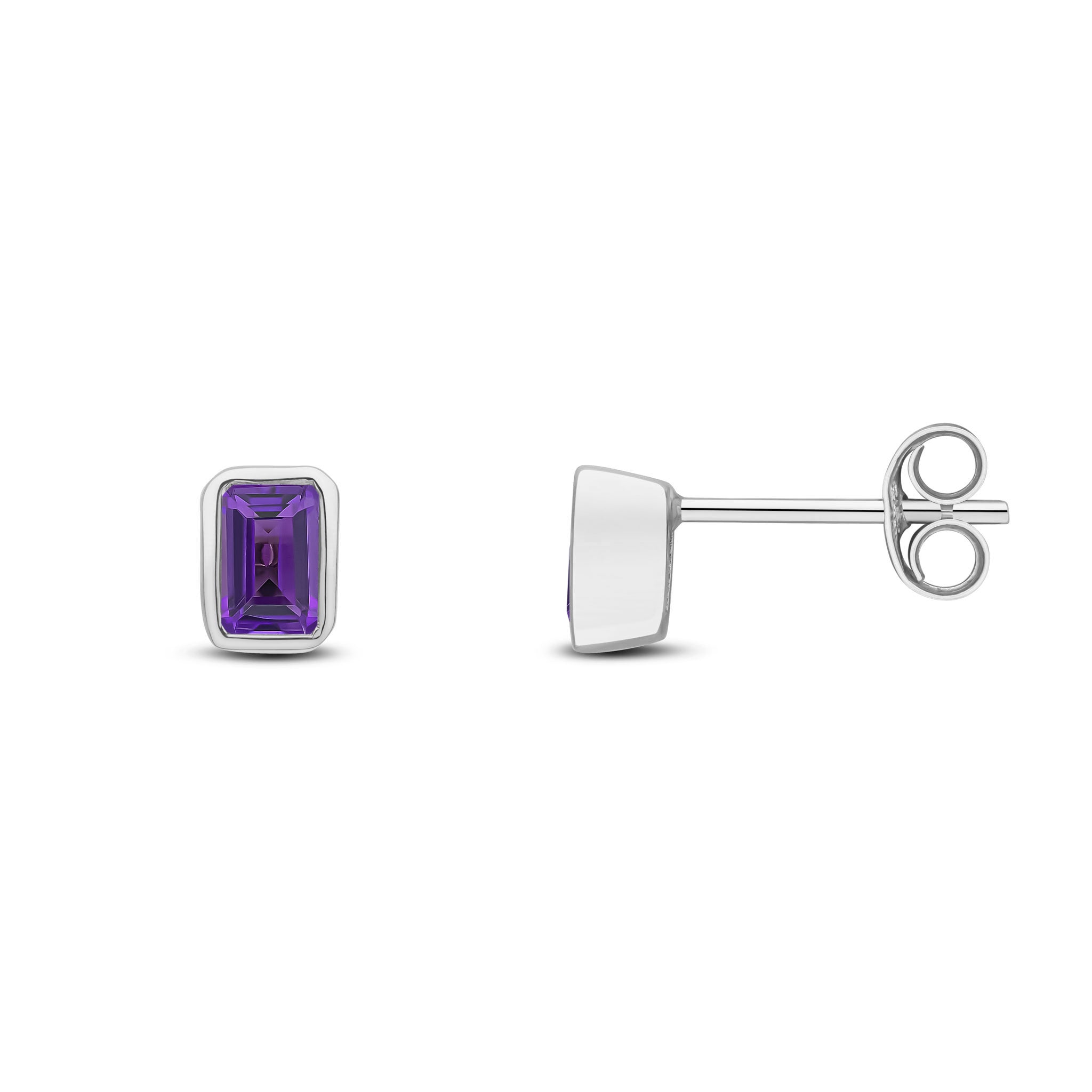 9ct White Gold 5x3 Octagon Amethyst Rubover Set Earrings
