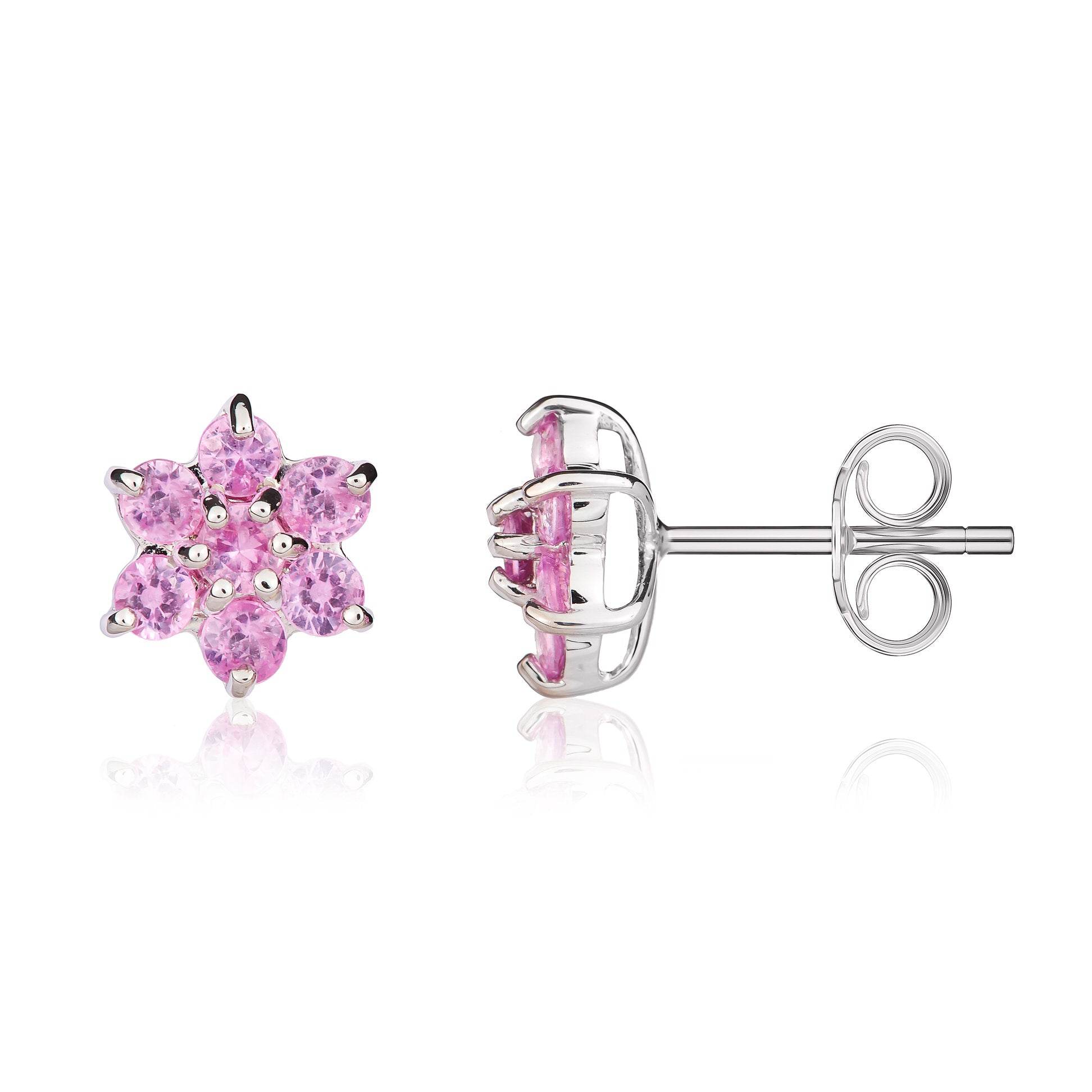 9ct White Gold Round Pink Sapphire Flower Cluster Stud Earrings