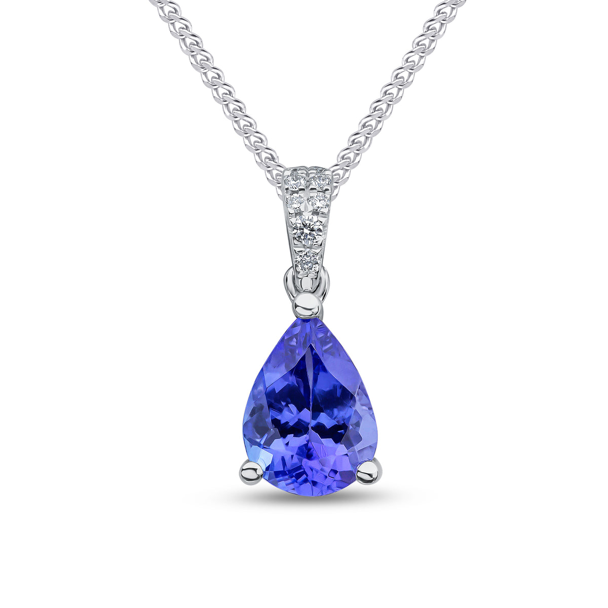 18ct White Gold Claw Set 7x5 Pear Shape Tanzanite and Pave Diamond Top Drop Pendant