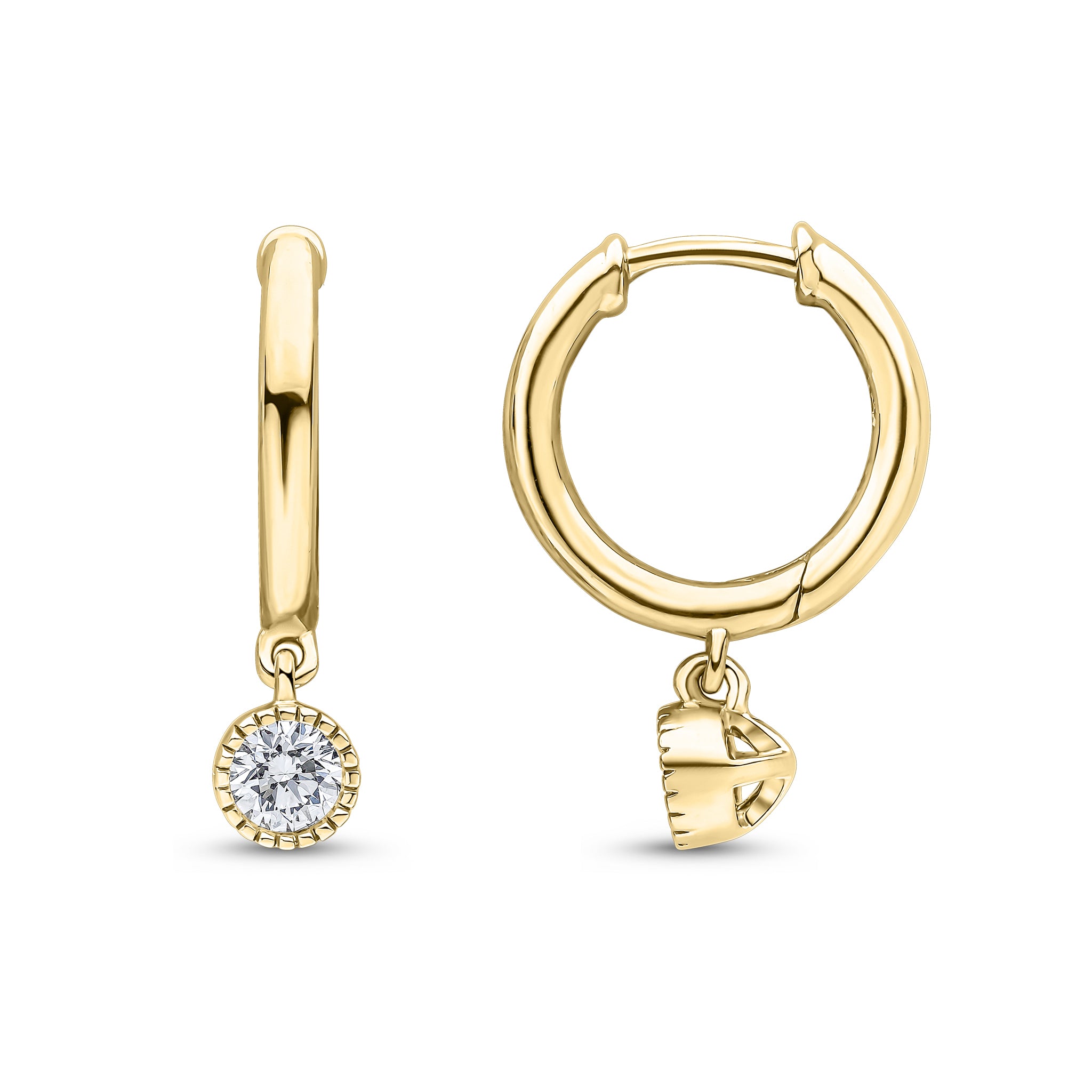 18ct Yellow Gold Plain Hoop with Milgrain Set Round Diamond Drop 0.30ct