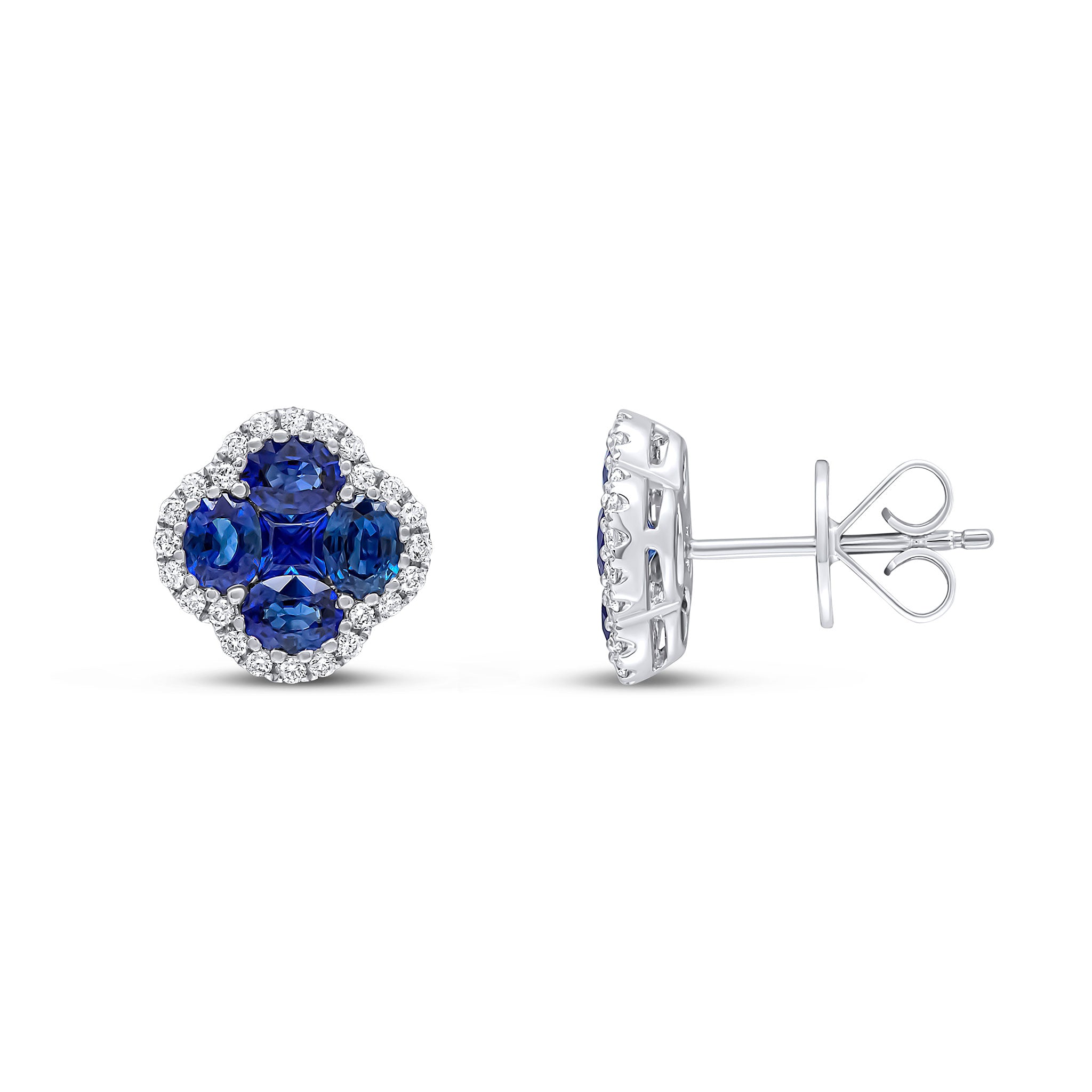 18ct White Gold Oval and Square Sapphire and Diamond Claw Set Quatrefoil Stud Earrings