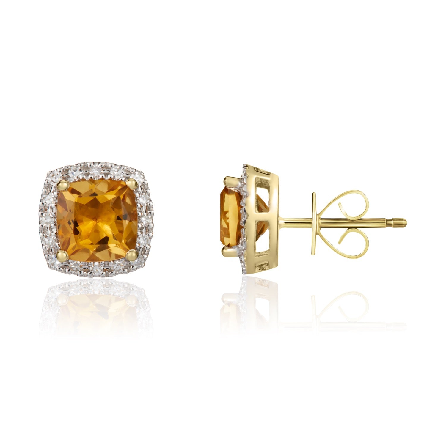 9ct Yellow Gold 6mm Cushion Citrine & Diamond Claw Cluster Earrings Rhodium to Diamonds