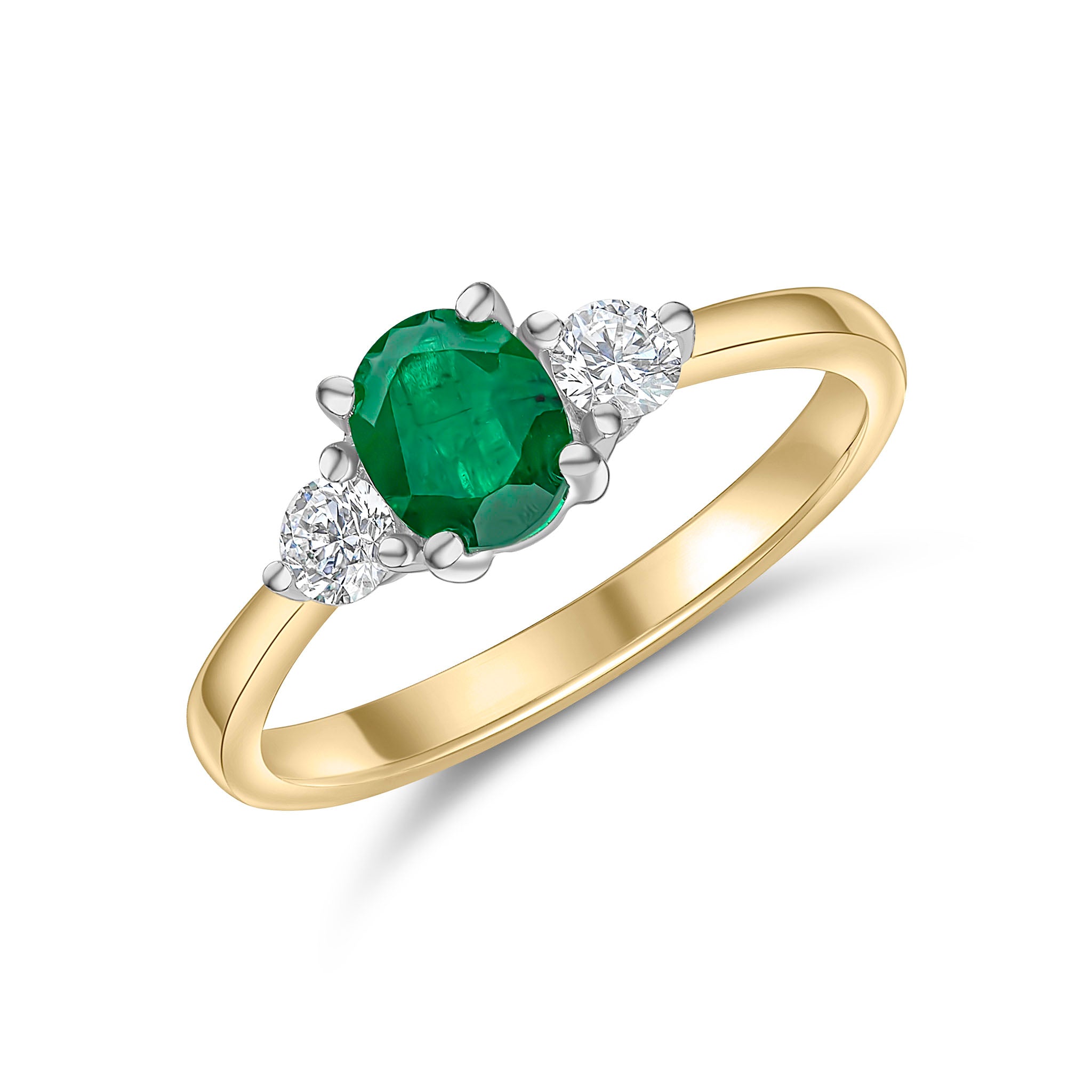 18ct Ywg 6x5 Oval Emerald and Round Diamond 3 Stone Claw Set Ring