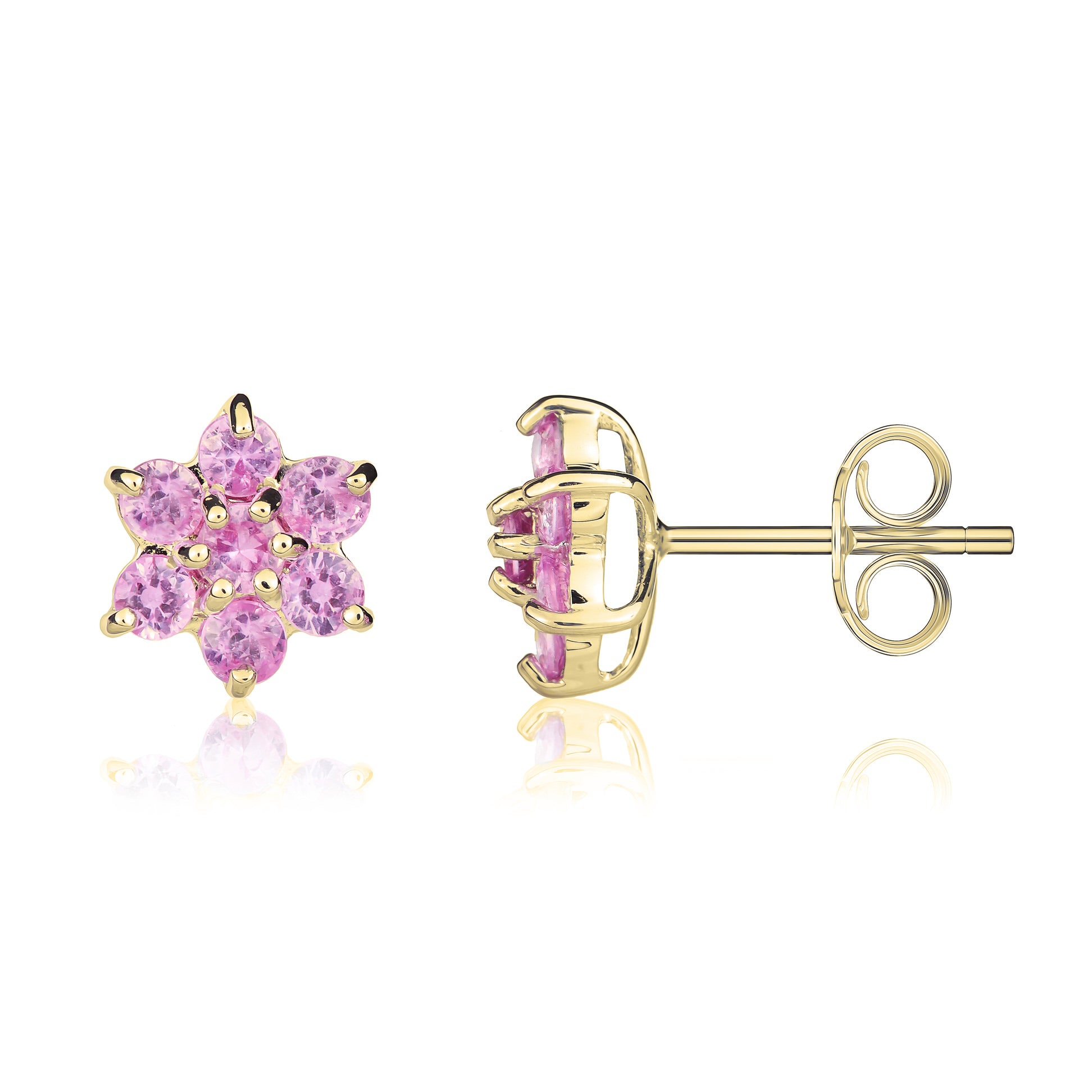 9ct Yellow Gold Round Pink Sapphire 6x1 Cluster Stud Earrings