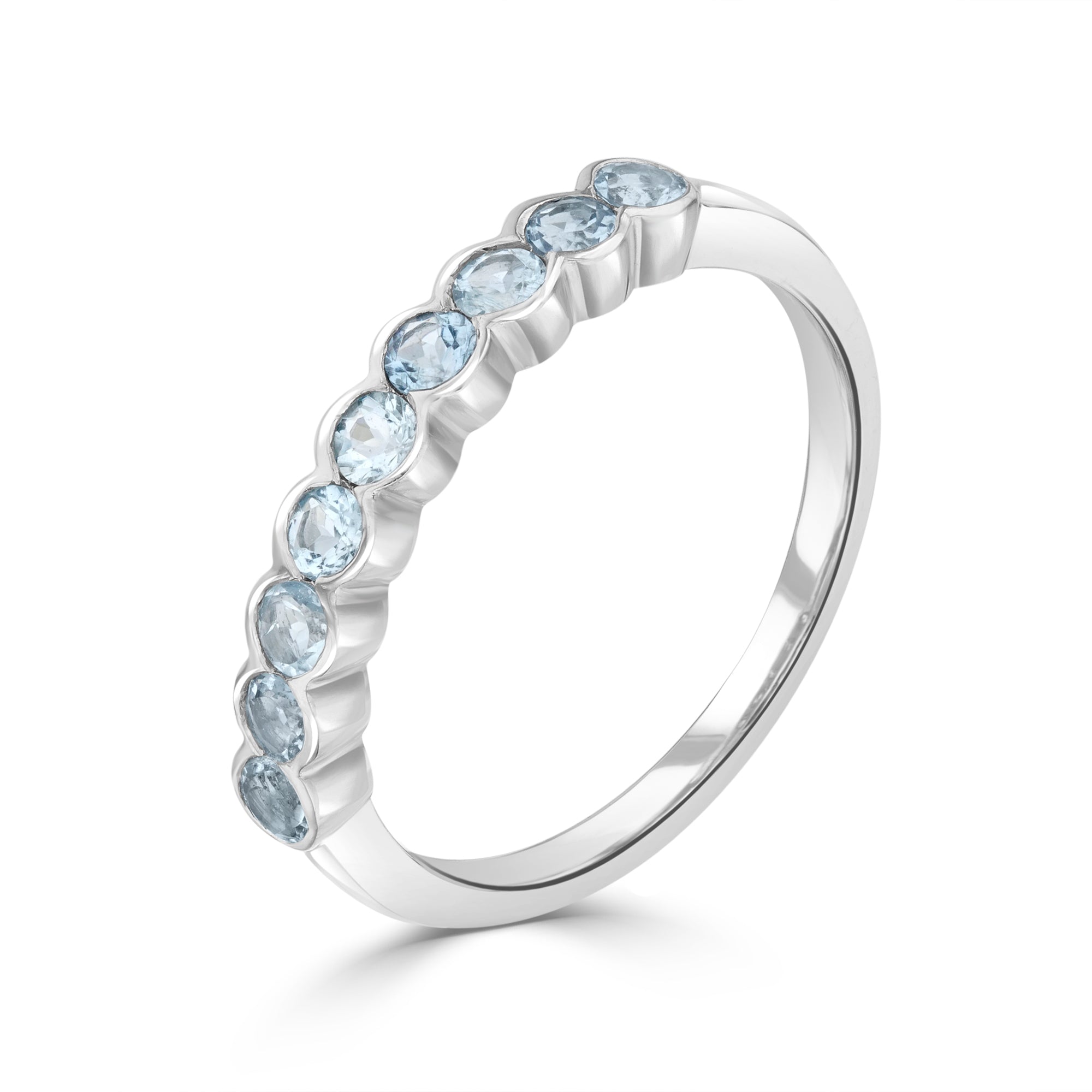 9ct White Gold Round Aquamarine Scalloped Edge 9 Stone Half Eternity Ring