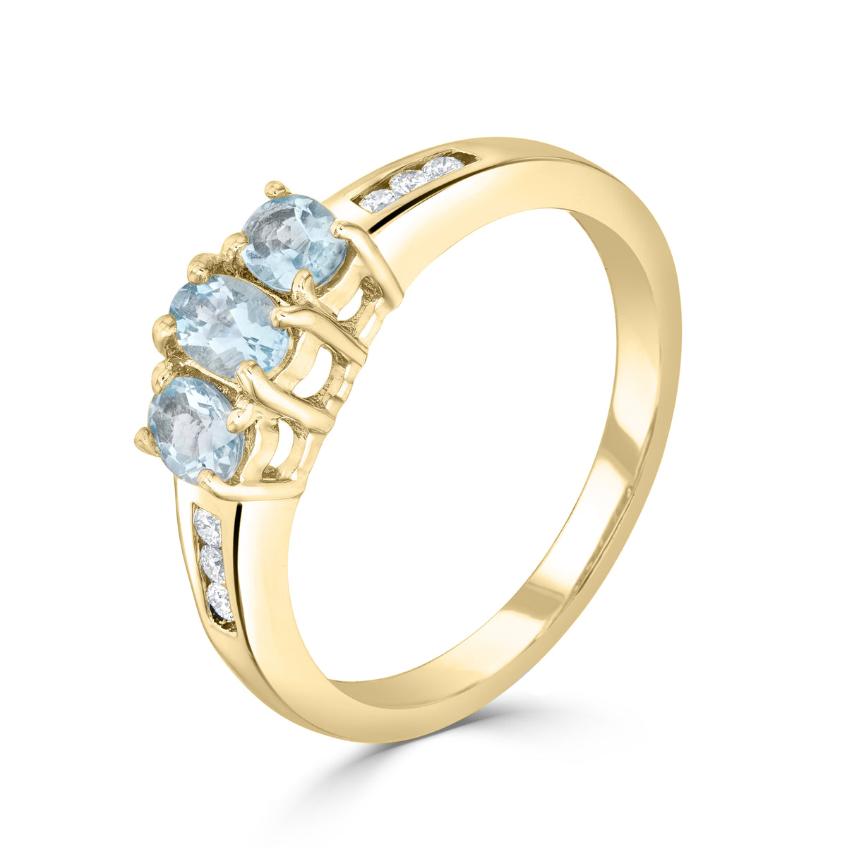 9ct Yellow Gold Oval Aquamarine Claw 3 Stone & Channel Set Diamond Ring