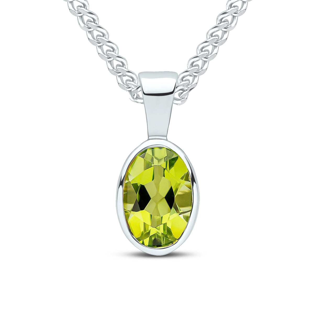 9ct White Gold 7x5mm Oval Peridot Rubover Pendant