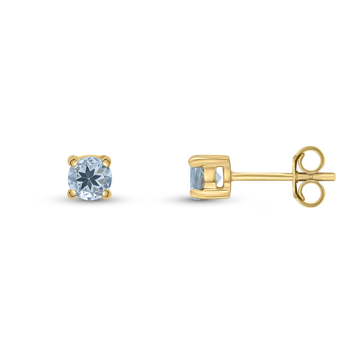 9ct Yellow Gold 4mm Round Aquamarine 4 Claw Earrings